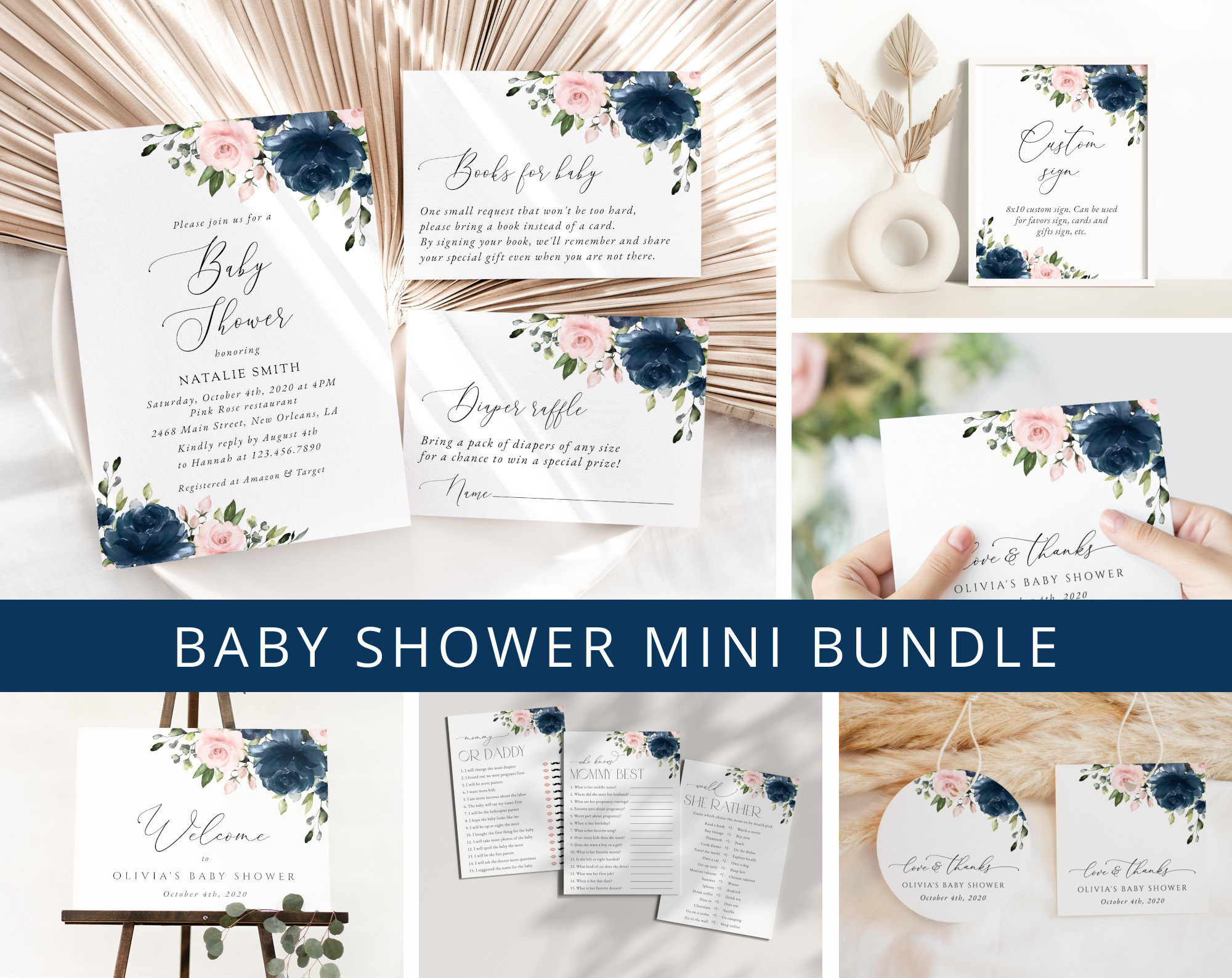 Navy and Blush Flowers Baby Shower Mini Bundle, Girl Baby Shower, Printable File, Edit Yourself, SH198