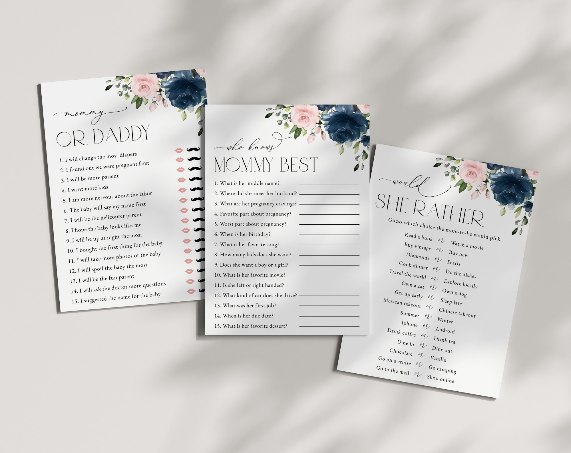 Navy and Blush Flowers Baby Shower Games, Set of 3 Games, Girl Baby Shower, Printable File, Edit Yourself, SH198