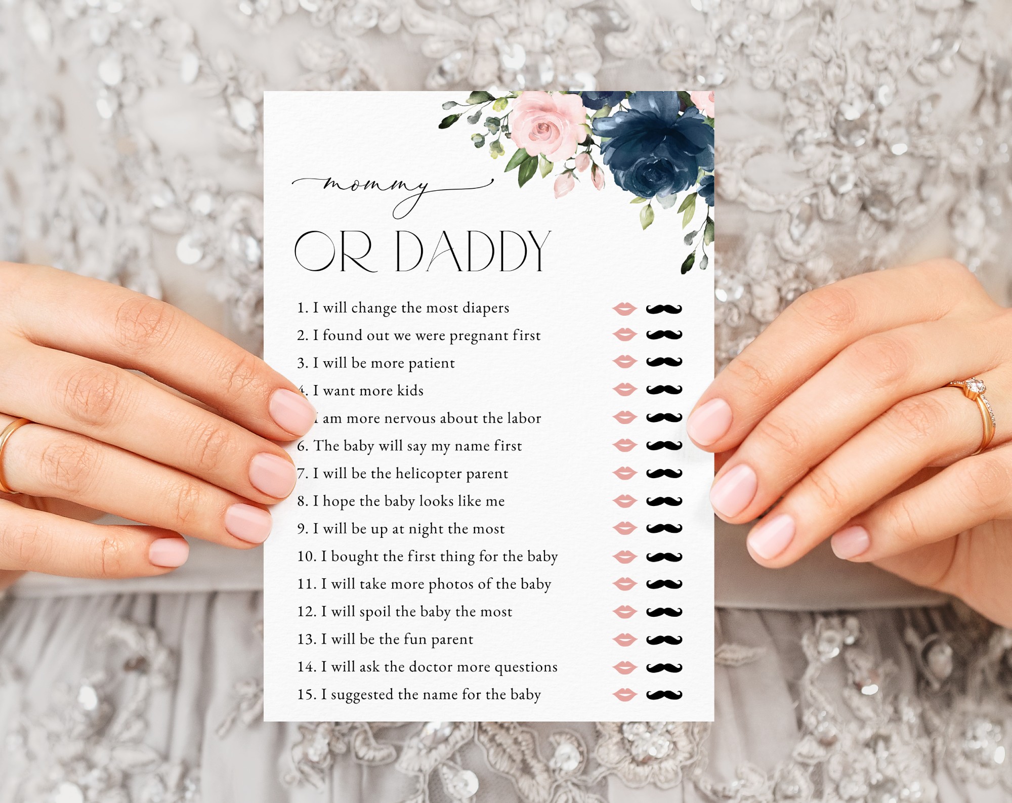 Navy and Blush Flowers Baby Shower Games, Set of 3 Games, Girl Baby Shower, Printable File, Edit Yourself, SH198