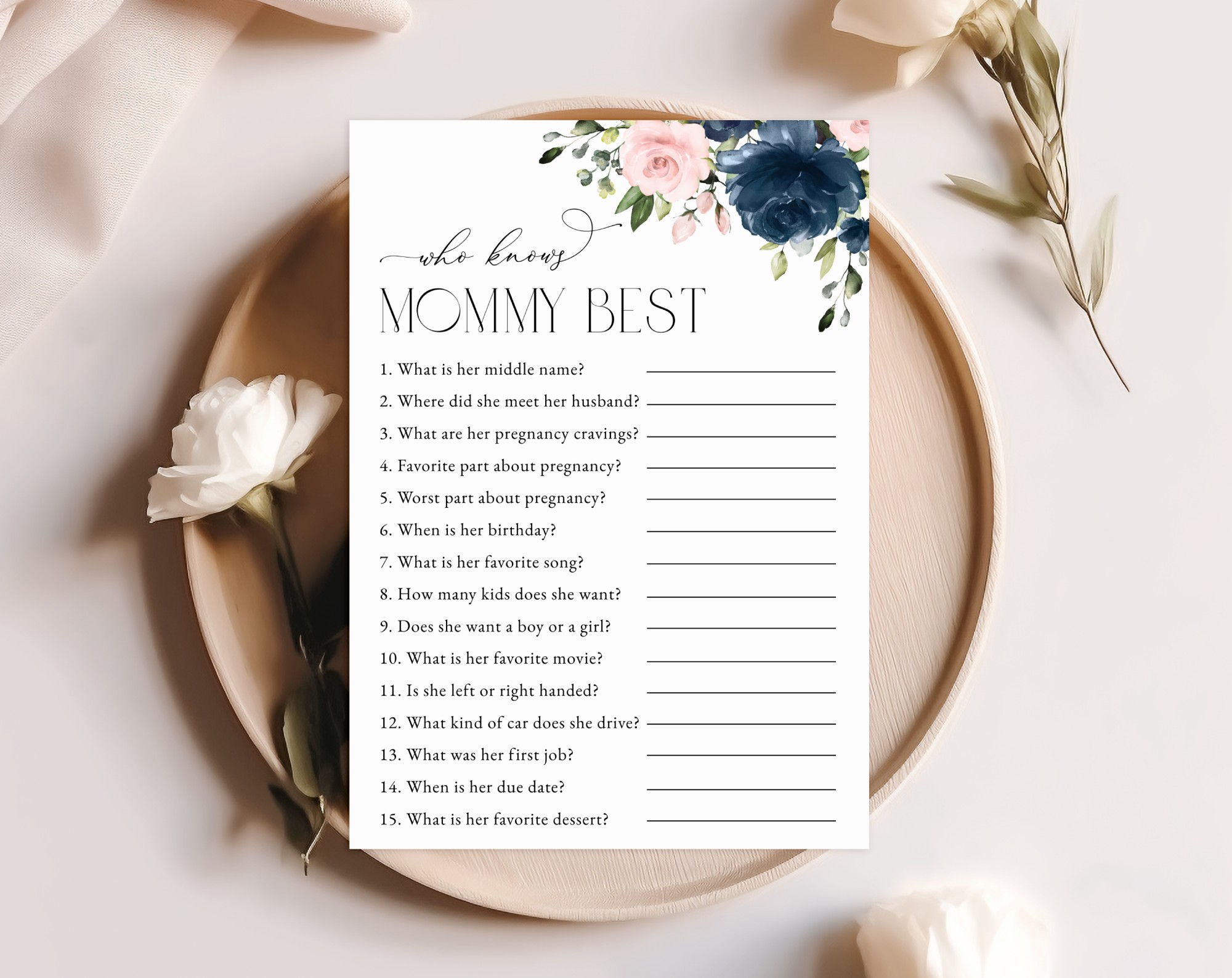 Navy and Blush Flowers Baby Shower Games, Set of 3 Games, Girl Baby Shower, Printable File, Edit Yourself, SH198
