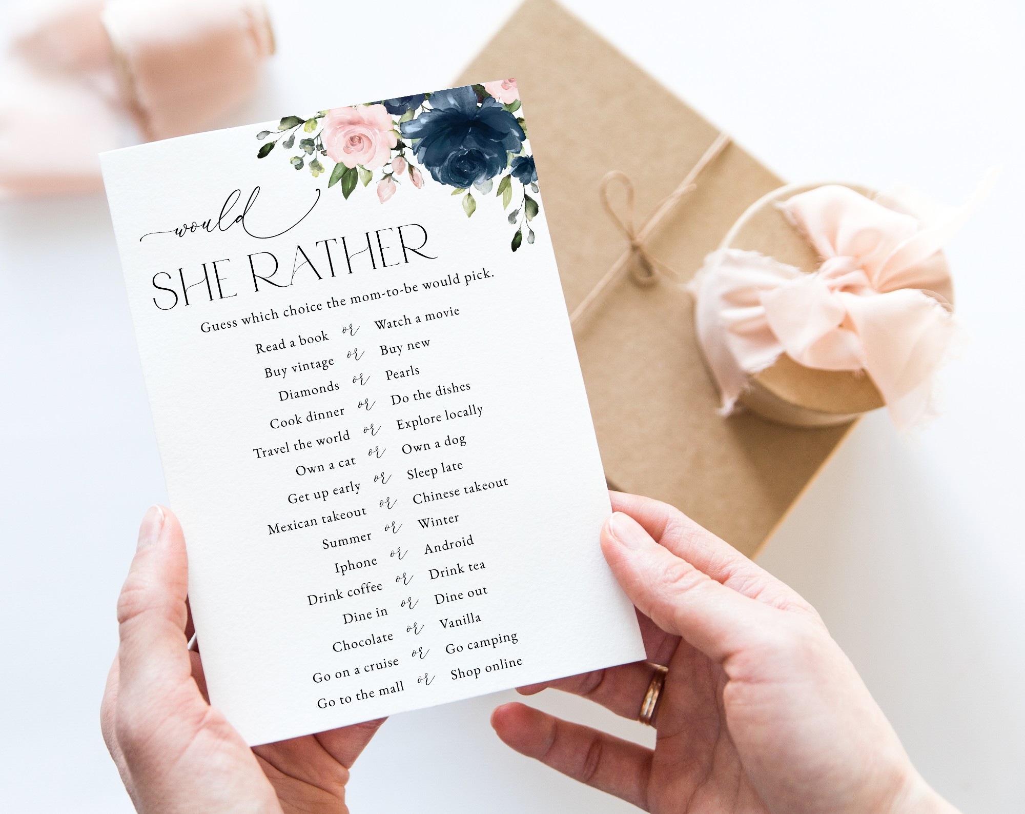 Navy and Blush Flowers Baby Shower Games, Set of 3 Games, Girl Baby Shower, Printable File, Edit Yourself, SH198
