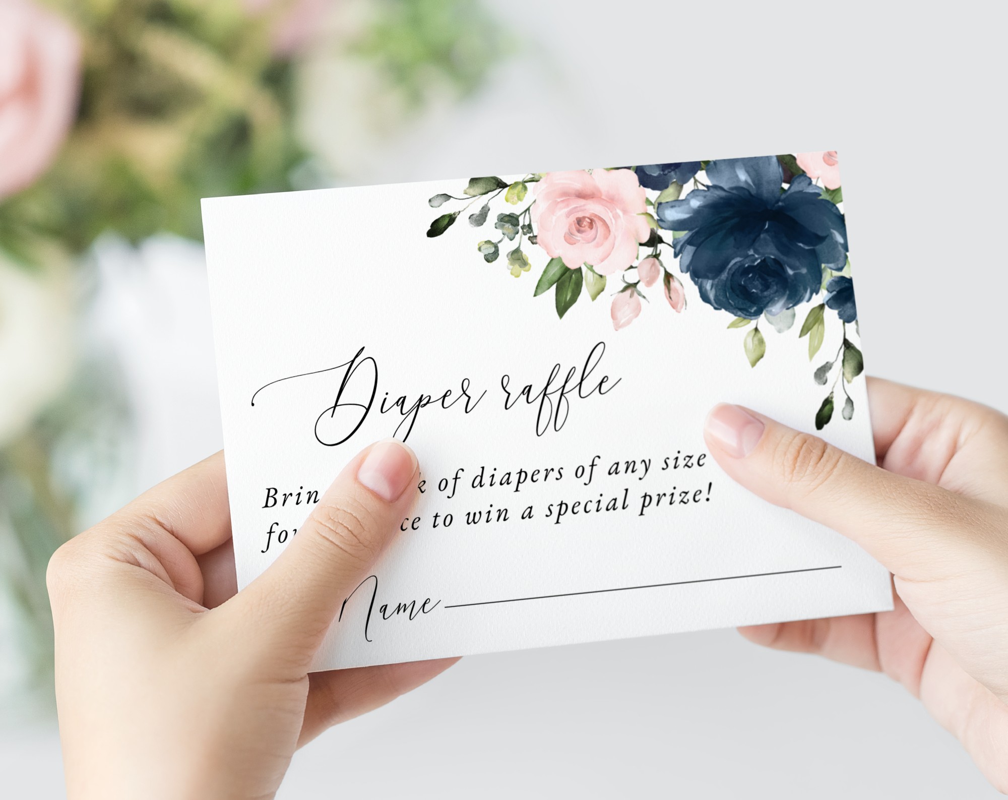Navy and Blush Flowers Baby Shower Invitation Suite, Girl Baby Shower, Printable File, Edit Yourself, SH198
