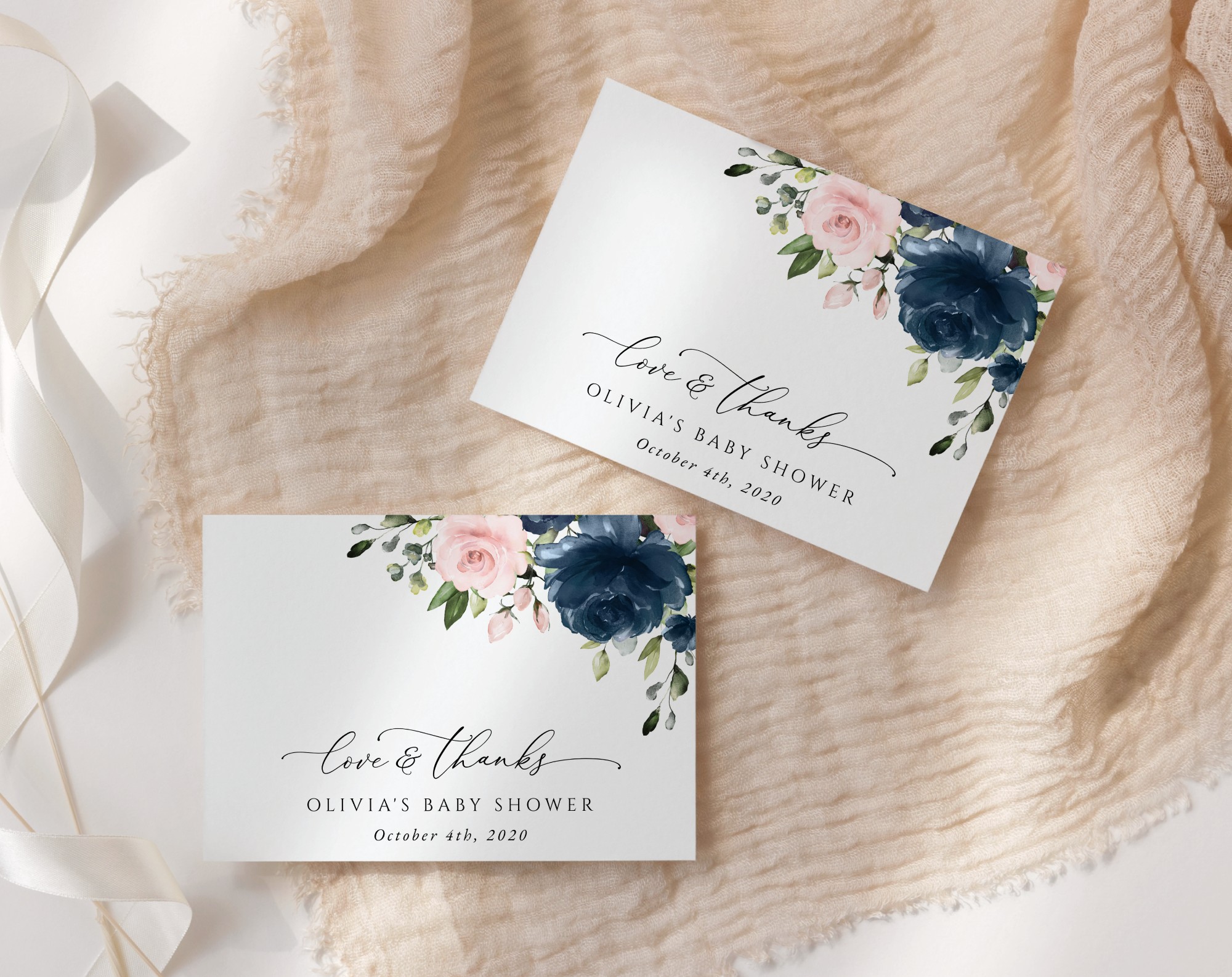 Navy and Blush Flowers Thank You Card, Girl Baby Shower, Printable File, Edit Yourself, SH198