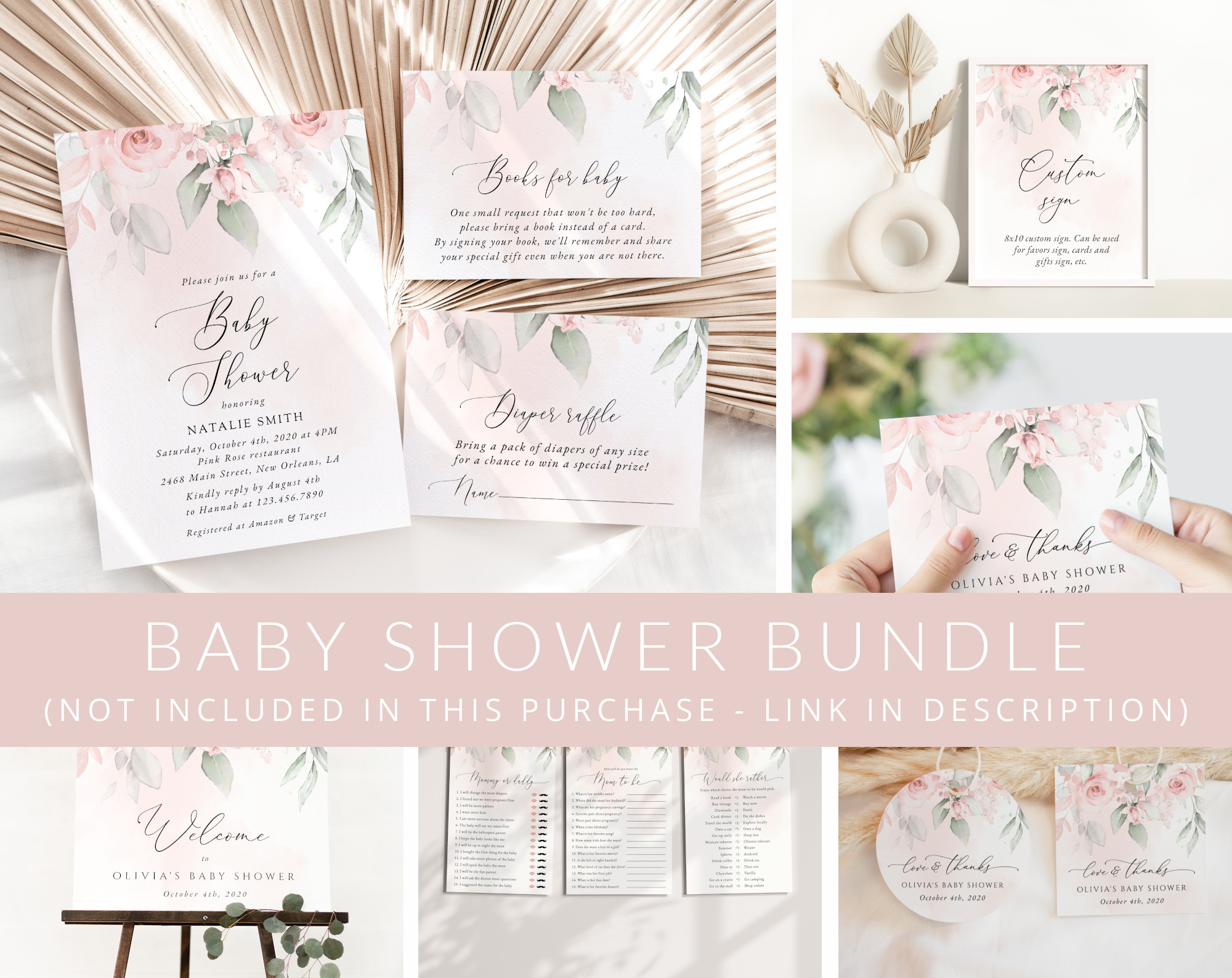 Blush Pink Flowers Baby Shower Mini Bundle, Girl Baby Shower, Printable File, Edit Yourself, SH199