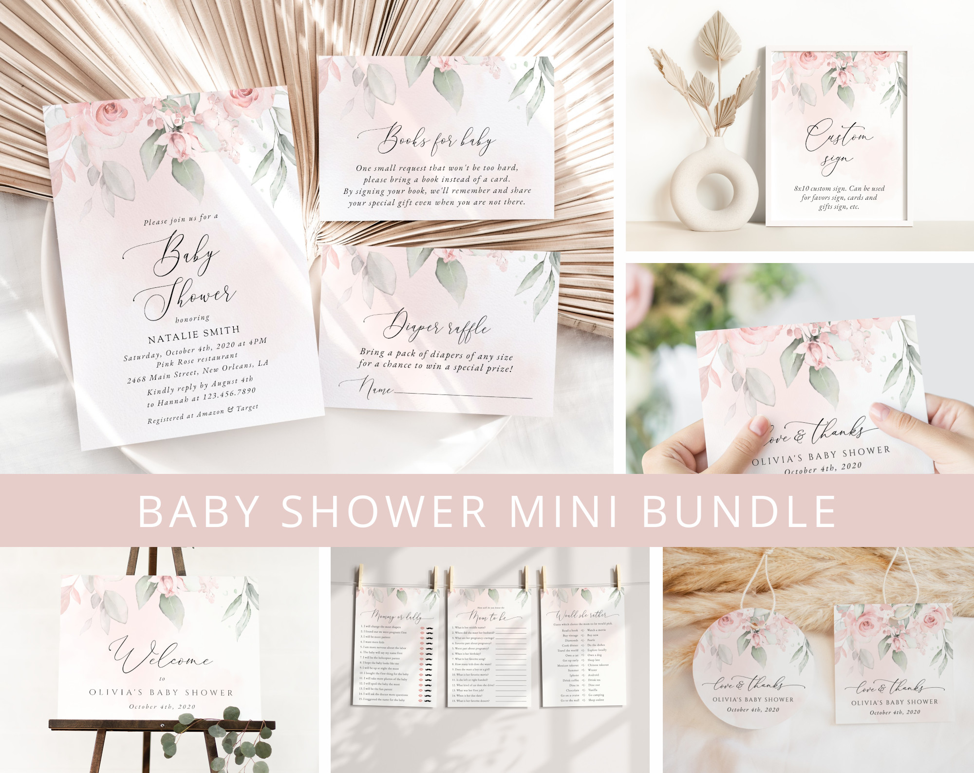 Blush Pink Flowers Baby Shower Mini Bundle, Girl Baby Shower, Printable File, Edit Yourself, SH199