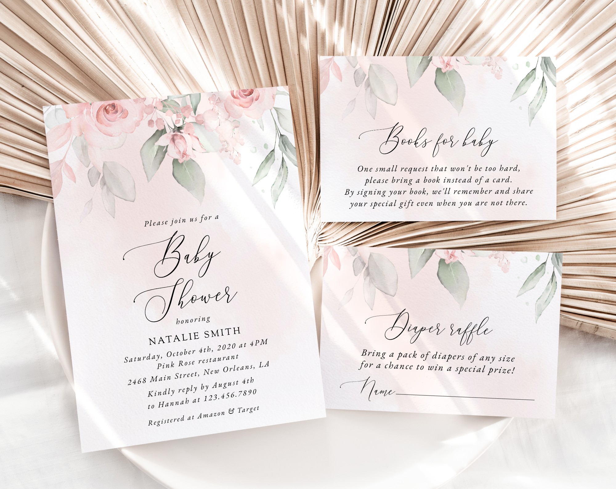 Blush Pink Flowers Baby Shower Invitation Suite, Girl Baby Shower, Printable File, Edit Yourself, SH199