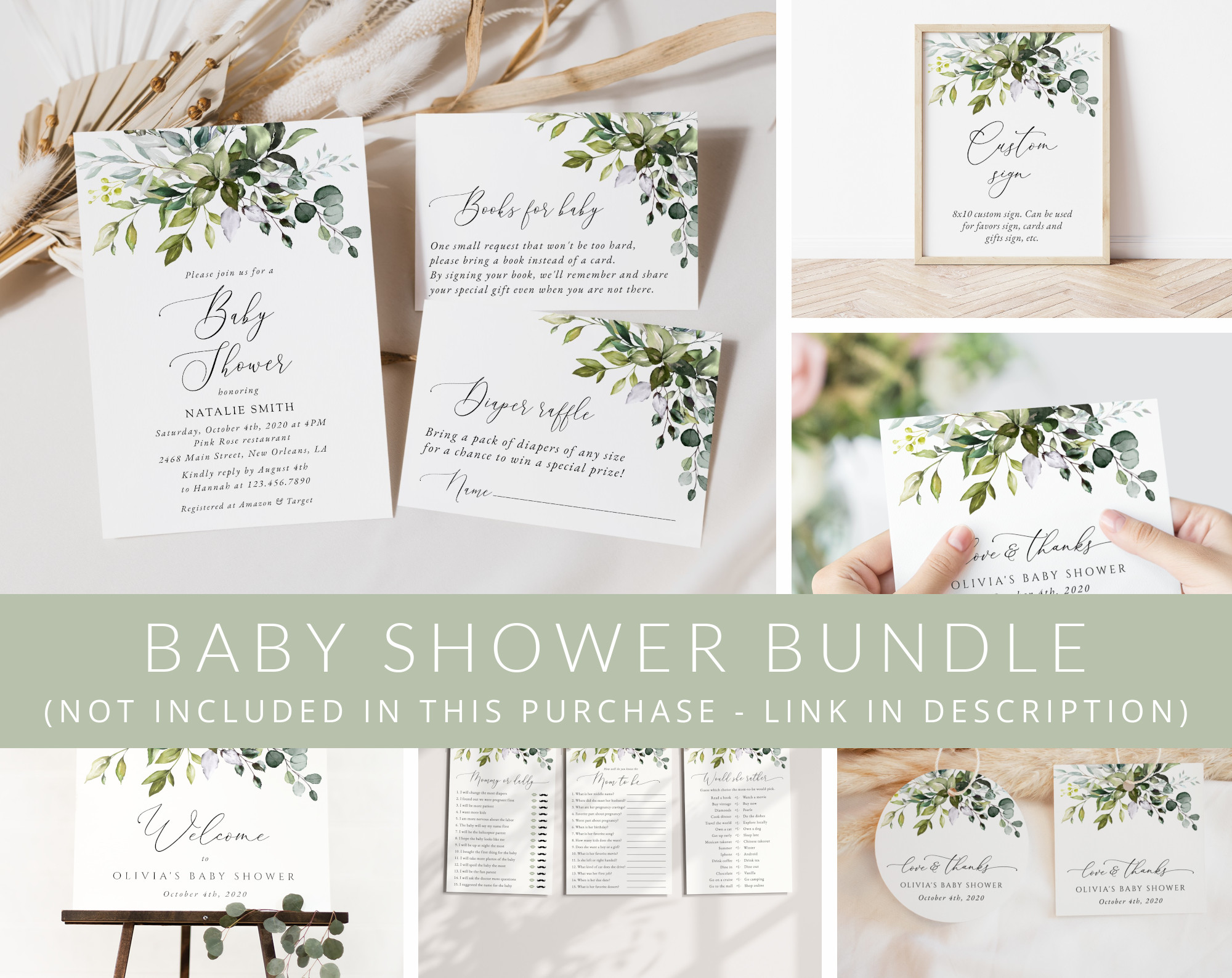 Eucalyptus Leaves Baby Shower Mini Bundle, Gender Neutral Baby Shower, Printable File, Edit Yourself, SH200 Eucalyptus Leaves Baby Shower Mini Bundle, Gender Neutral Baby Shower, Printable File, Edit Yourself, SH200