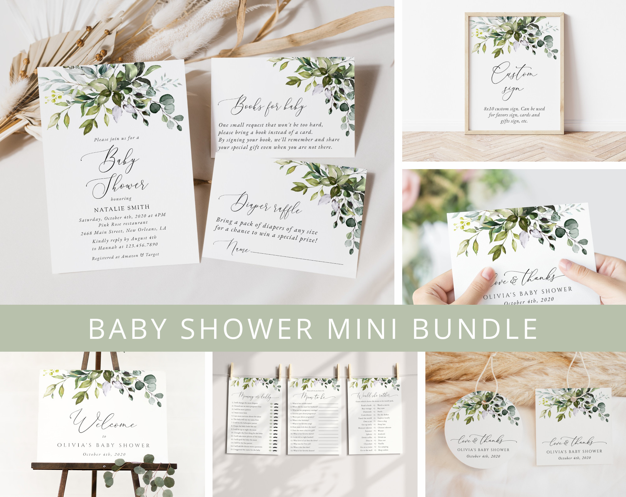 Eucalyptus Leaves Baby Shower Mini Bundle, Gender Neutral Baby Shower, Printable File, Edit Yourself, SH200 Eucalyptus Leaves Baby Shower Mini Bundle, Gender Neutral Baby Shower, Printable File, Edit Yourself, SH200