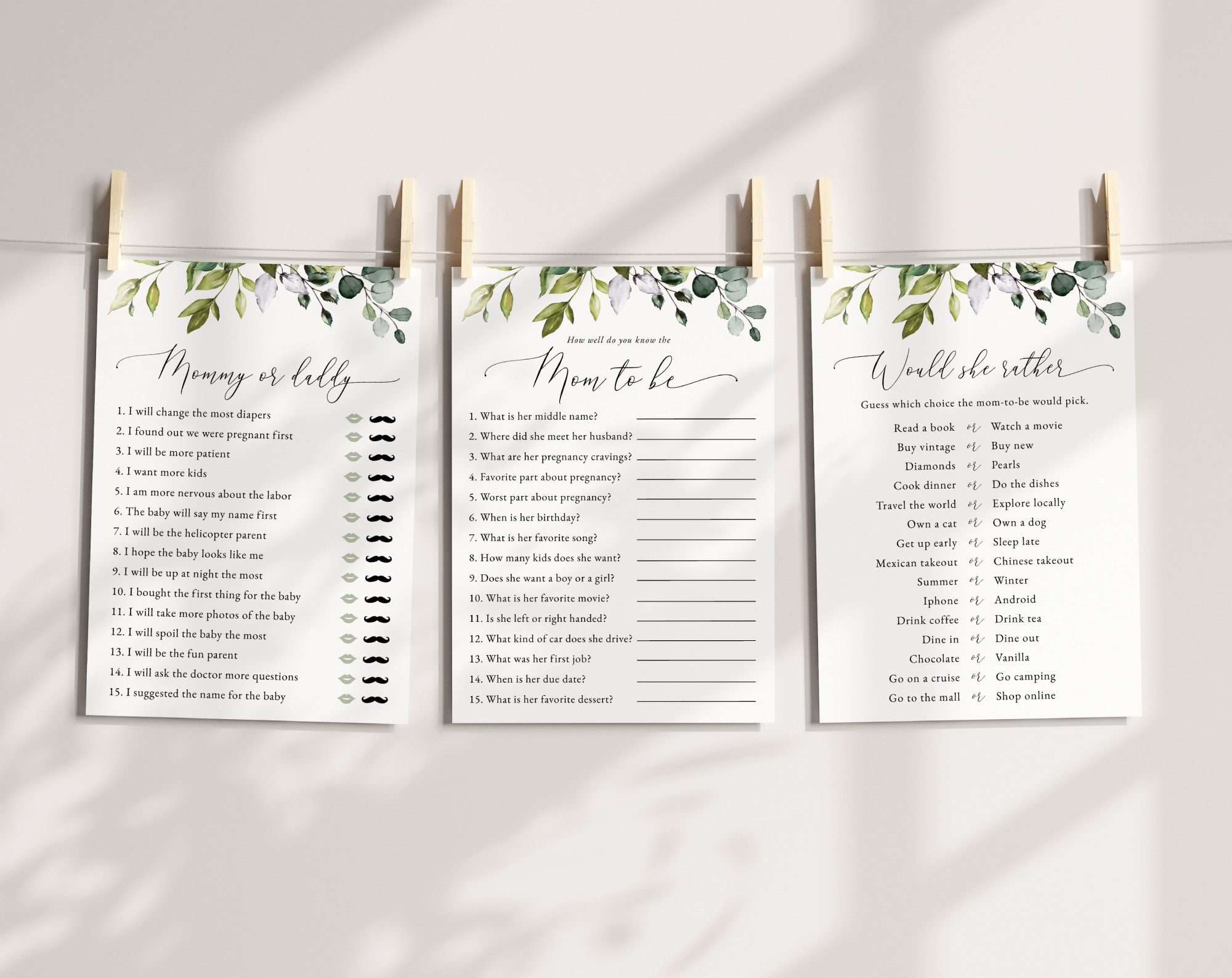 Eucalyptus Leaves Baby Shower Games, Set of 3 Games, Gender Neutral Baby Shower, Printable File, Edit Yourself, SH200