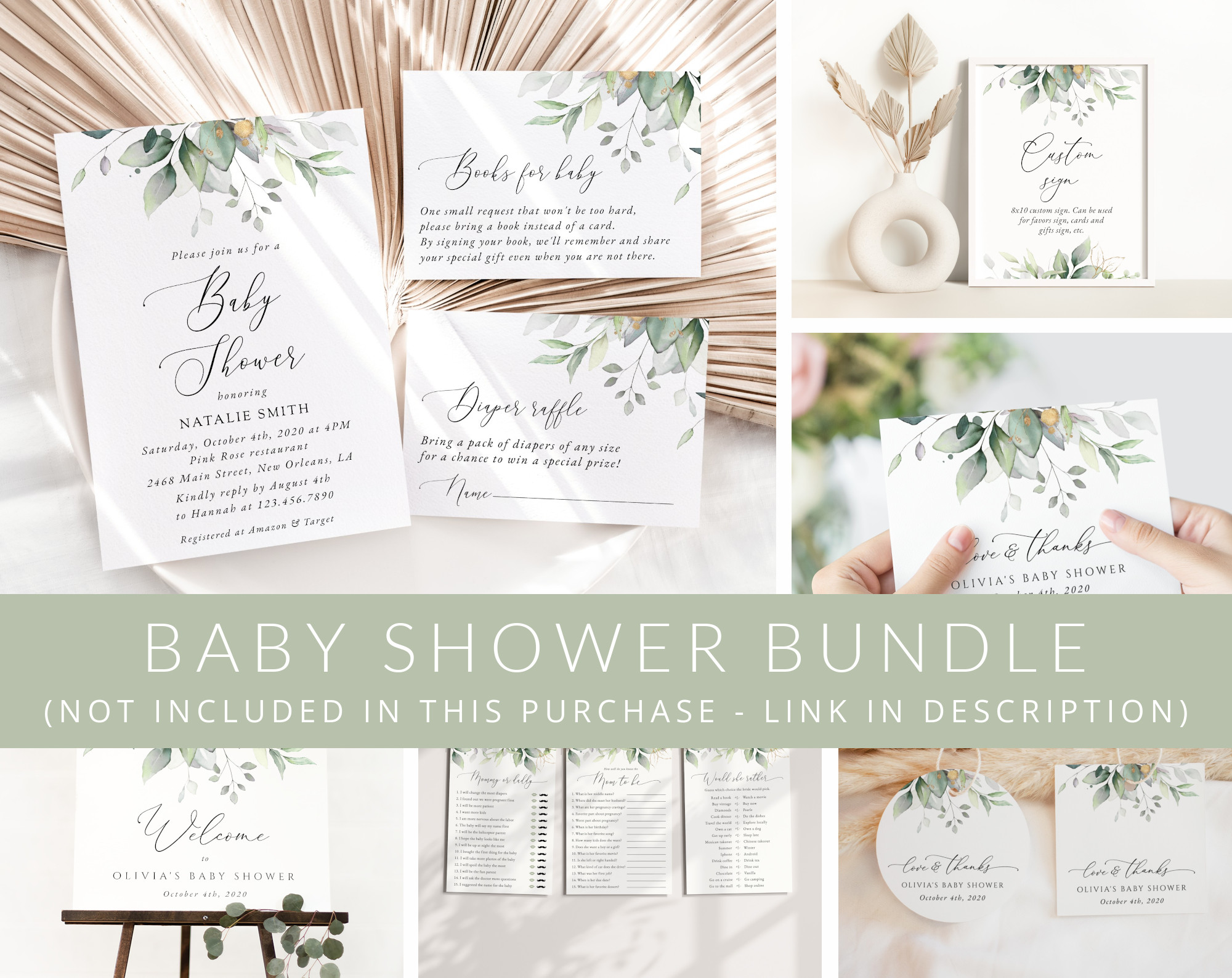 Greenery and Gold Baby Shower Mini Bundle, Gender Neutral Baby Shower, Printable File, Edit Yourself, SH201 Greenery and Gold Baby Shower Mini Bundle, Gender Neutral Baby Shower, Printable File, Edit Yourself, SH201