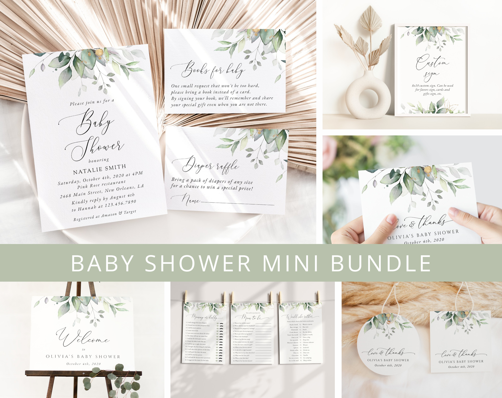 Greenery and Gold Baby Shower Mini Bundle, Gender Neutral Baby Shower, Printable File, Edit Yourself, SH201 Greenery and Gold Baby Shower Mini Bundle, Gender Neutral Baby Shower, Printable File, Edit Yourself, SH201