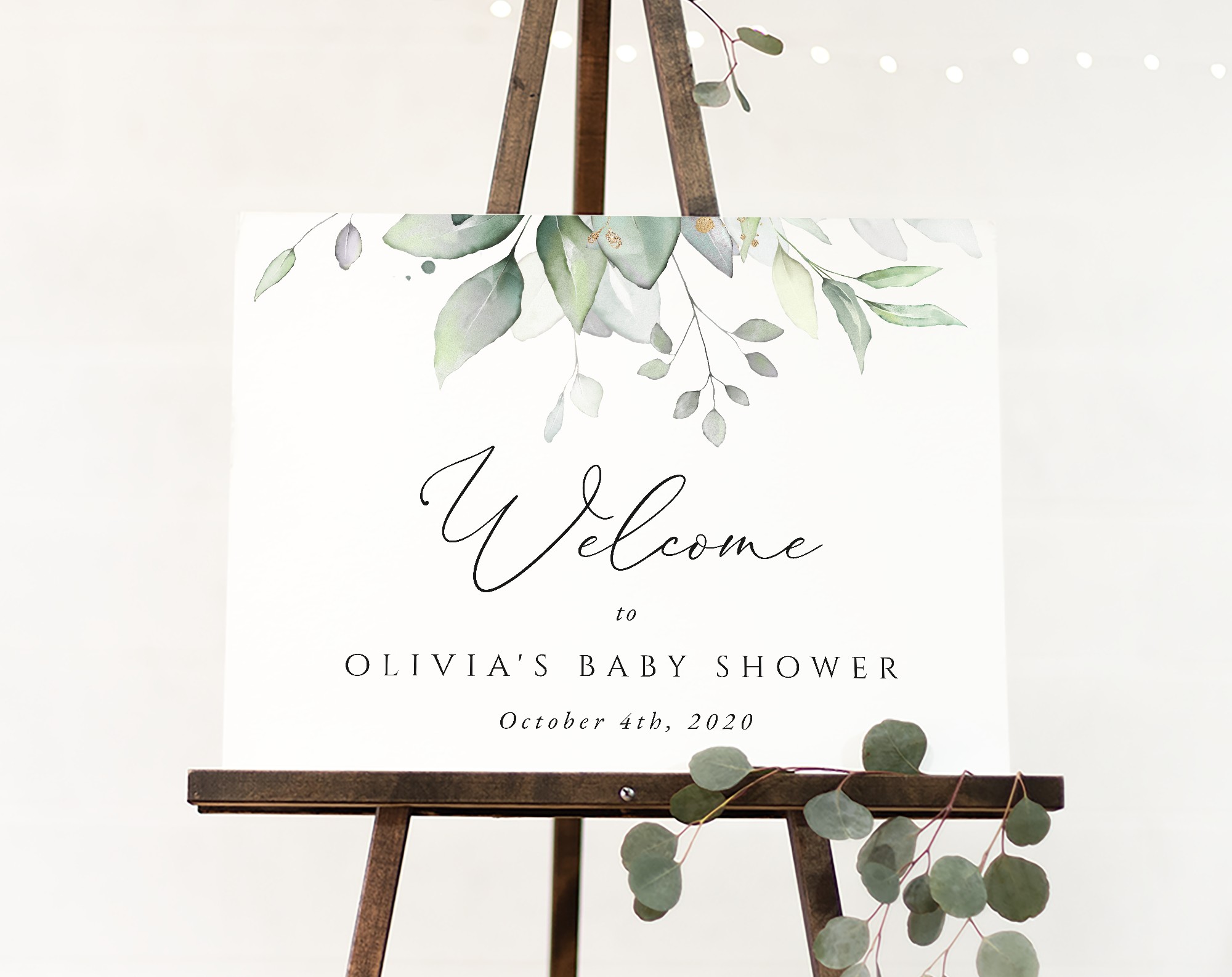 SH201 Welcome 3 Greenery and Gold Welcome Sign, Baby Shower Sign, Gender Neutral Baby Shower, Printable File, Edit Yourself, SH201