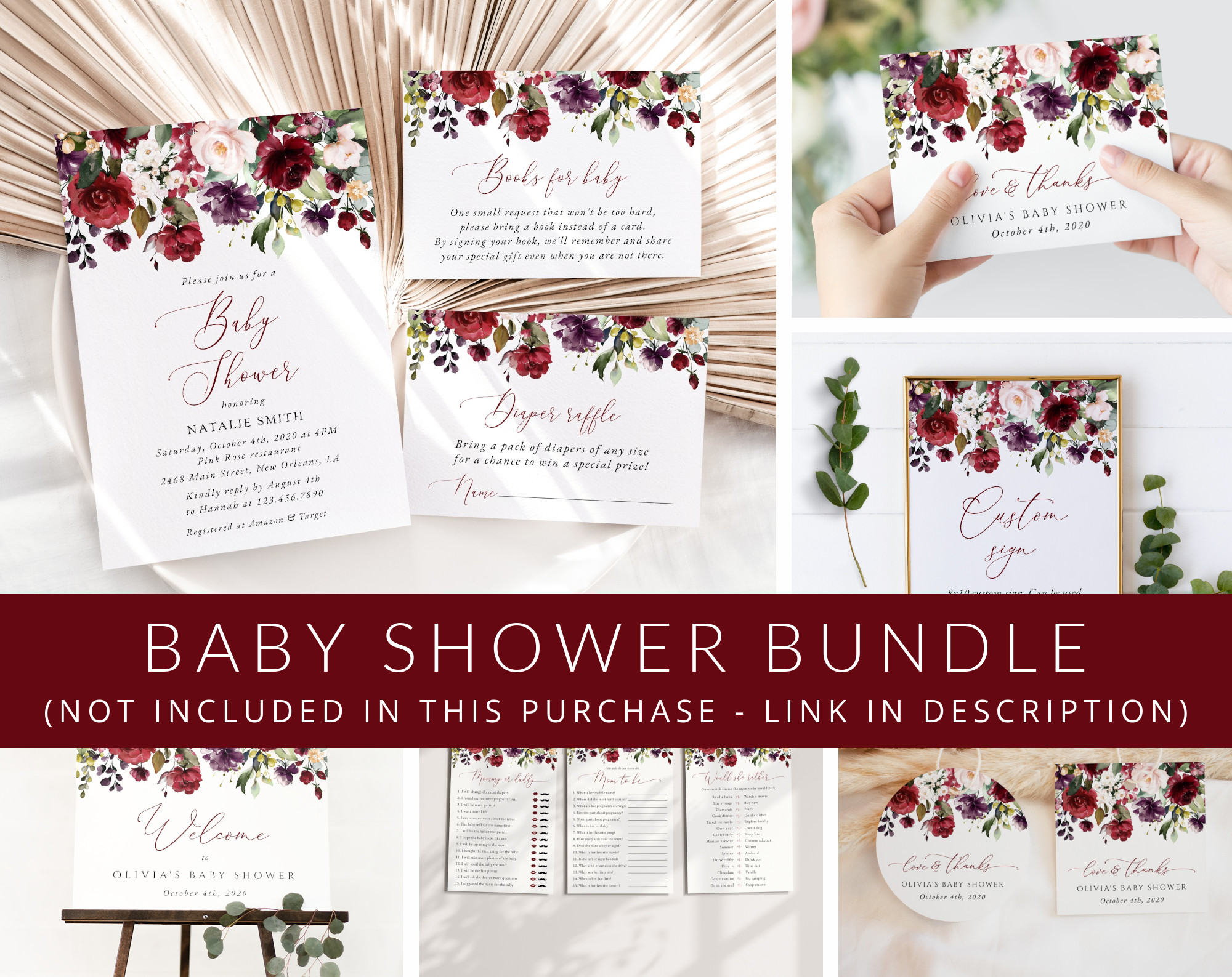 Burgundy, Purple and Blush Flowers Baby Shower Mini Bundle, Girl Baby Shower, Printable File, Edit Yourself, SH202 Burgundy, Purple and Blush Flowers Baby Shower Mini Bundle, Girl Baby Shower, Printable File, Edit Yourself, SH202