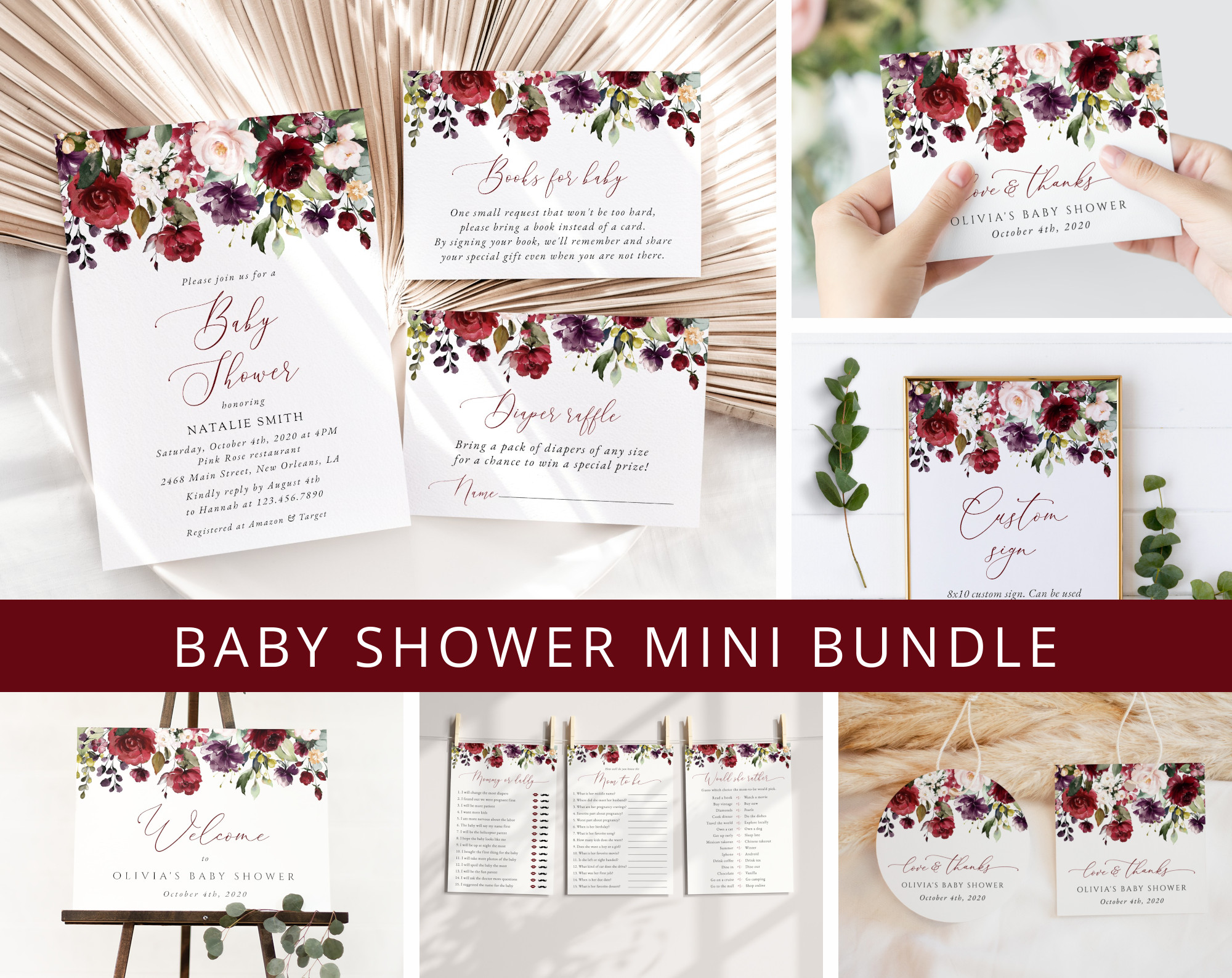 Burgundy, Purple and Blush Flowers Baby Shower Mini Bundle, Girl Baby Shower, Printable File, Edit Yourself, SH202