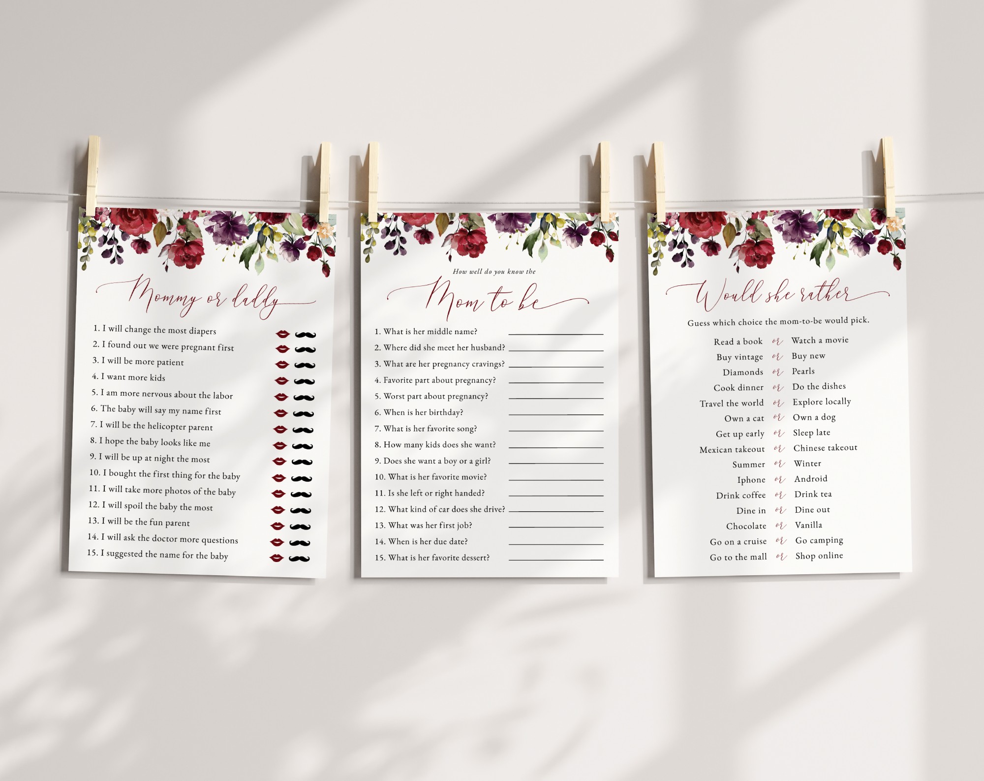 Burgundy, Purple and Blush Flowers Baby Shower Games, Set of 3 Games, Girl Baby Shower, Printable File, Edit Yourself, SH202