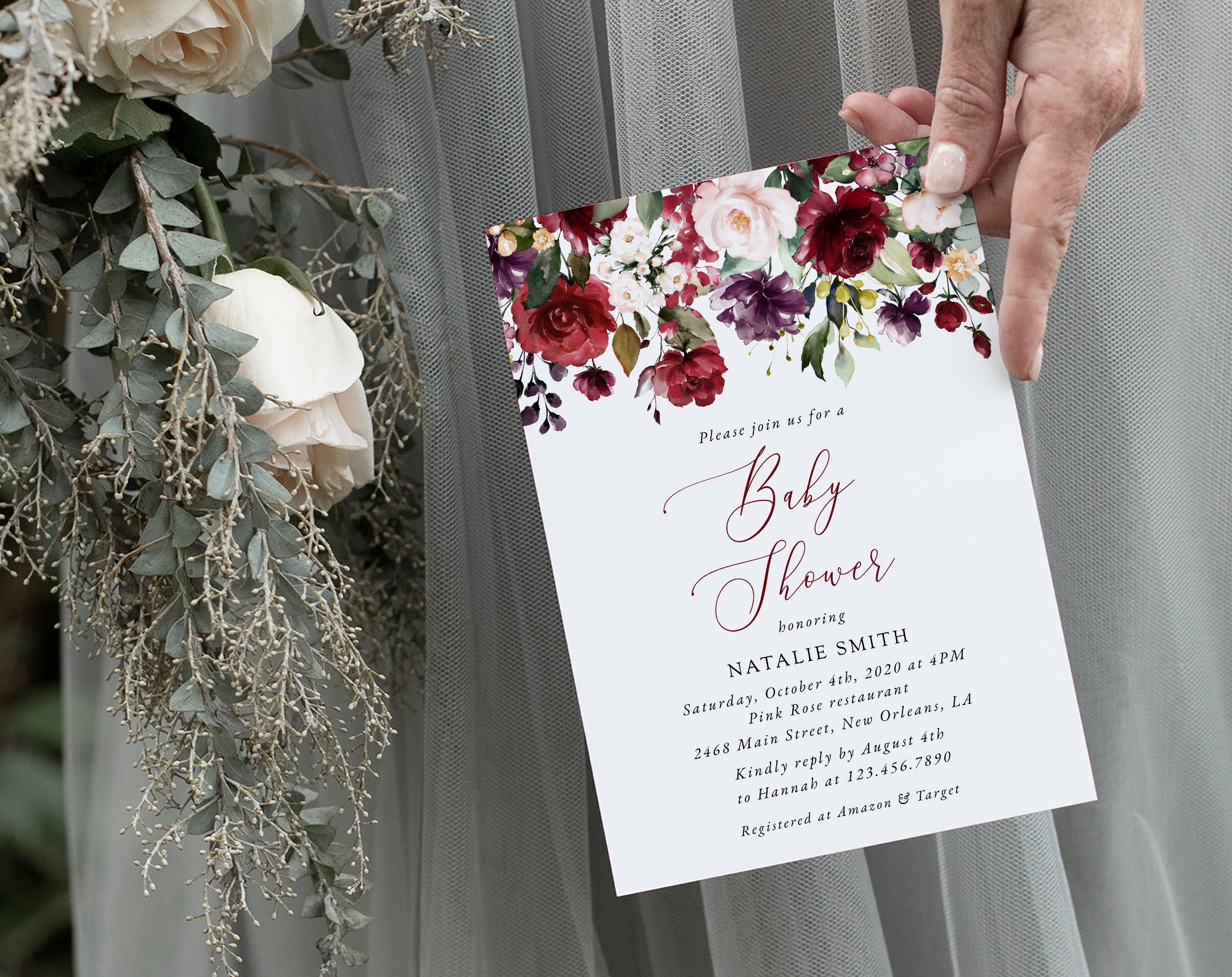 Burgundy, Purple and Blush Flowers Baby Shower Invitation, Girl Baby Shower, Printable File, Edit Yourself, SH202 Burgundy, Purple and Blush Flowers Baby Shower Invitation, Girl Baby Shower, Printable File, Edit Yourself, SH202