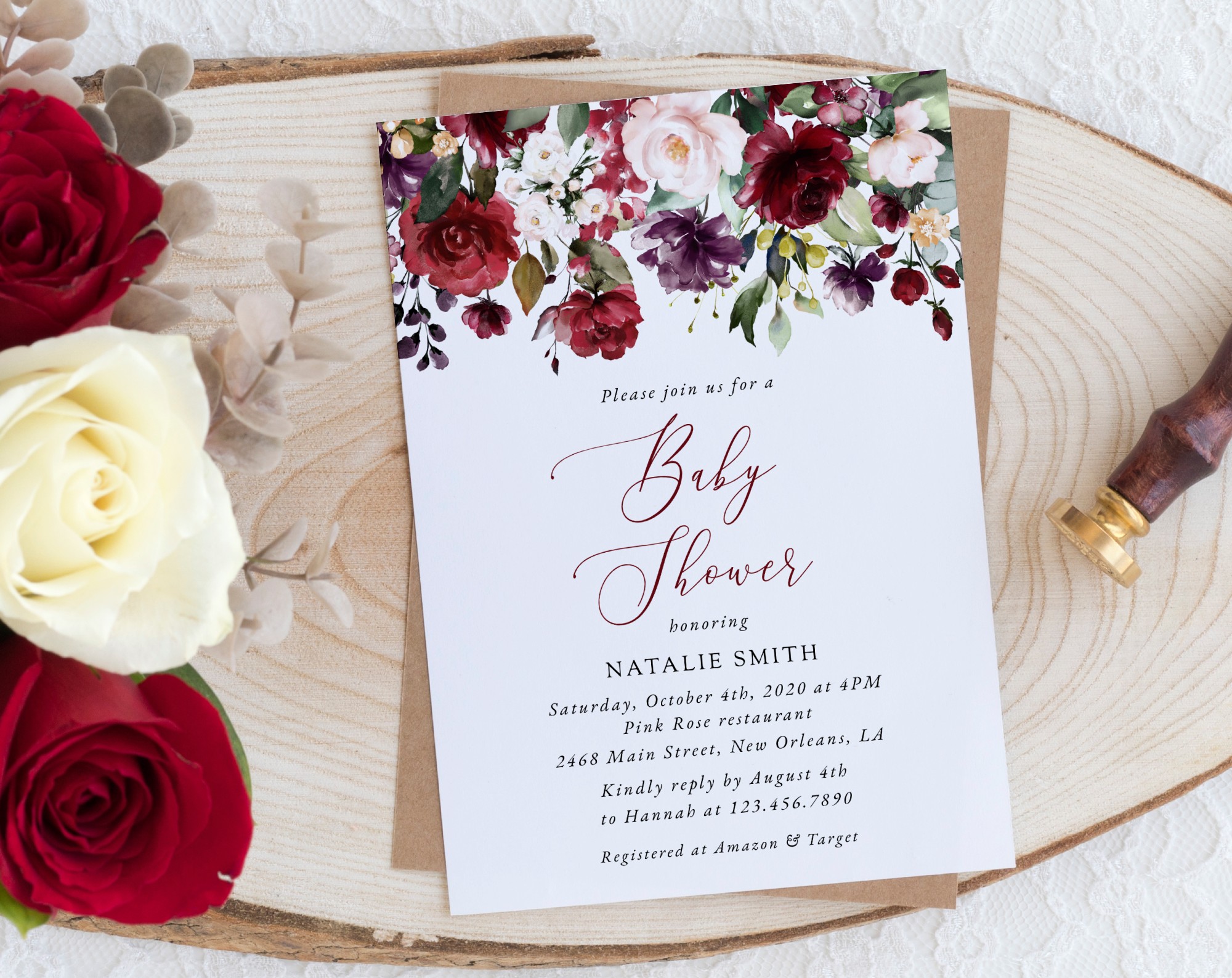 Burgundy, Purple and Blush Flowers Baby Shower Invitation, Girl Baby Shower, Printable File, Edit Yourself, SH202
