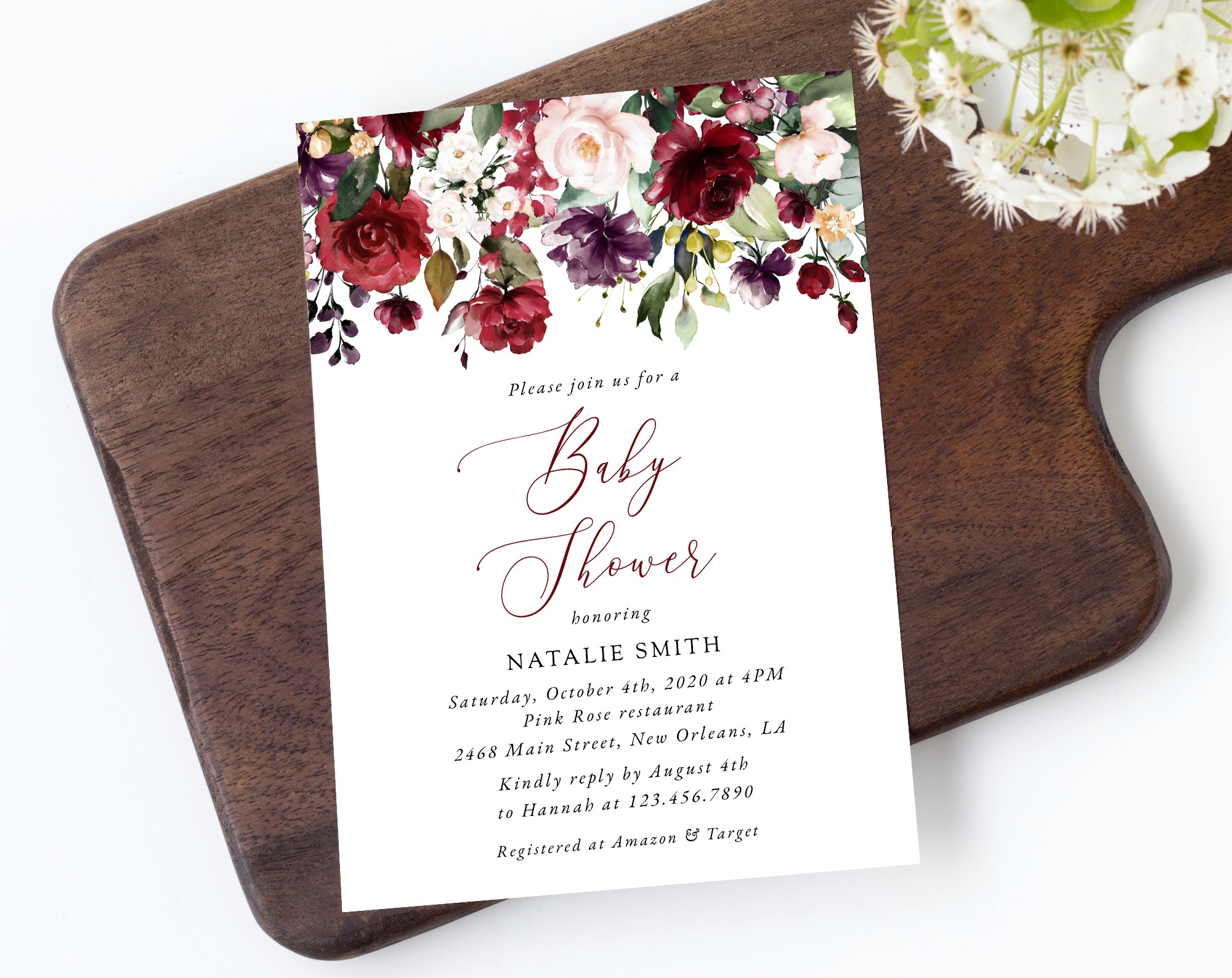 Burgundy, Purple and Blush Flowers Baby Shower Invitation, Girl Baby Shower, Printable File, Edit Yourself, SH202