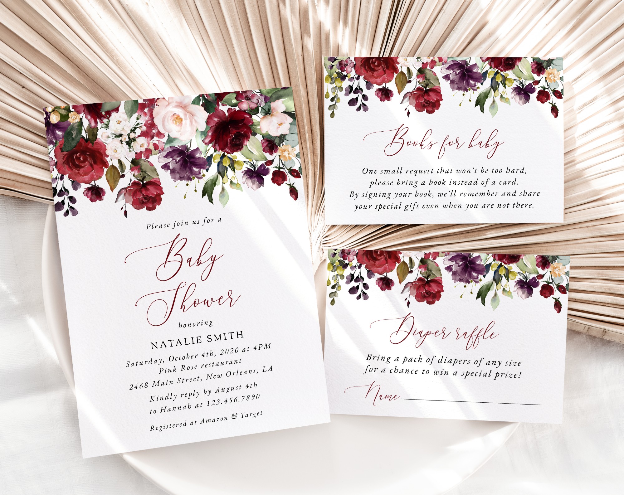 Burgundy, Purple and Blush Flowers Baby Shower Invitation Suite, Girl Baby Shower, Printable File, Edit Yourself, SH202