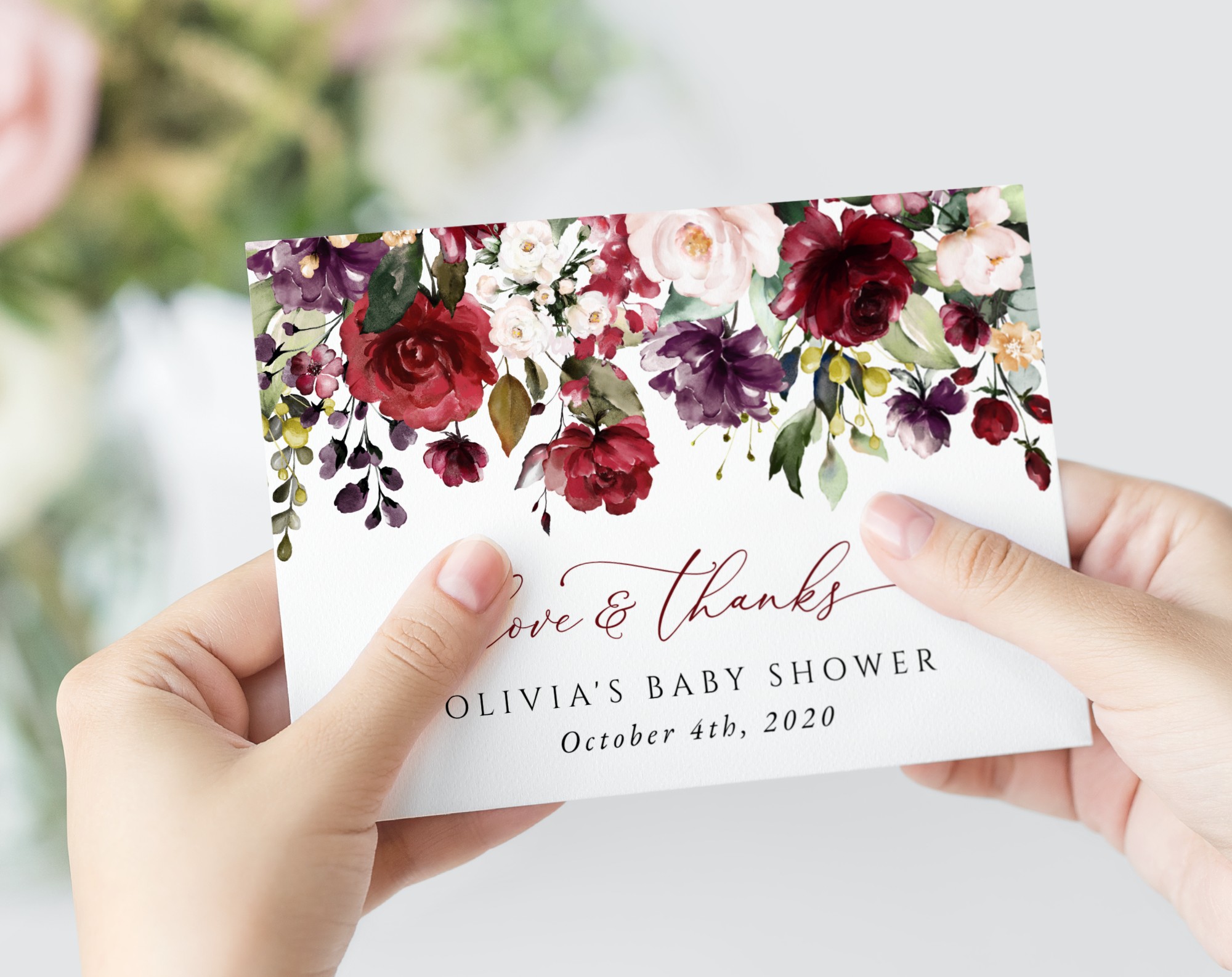 Burgundy, Purple and Blush Flowers Thank You Card, Girl Baby Shower, Printable File, Edit Yourself, SH202
