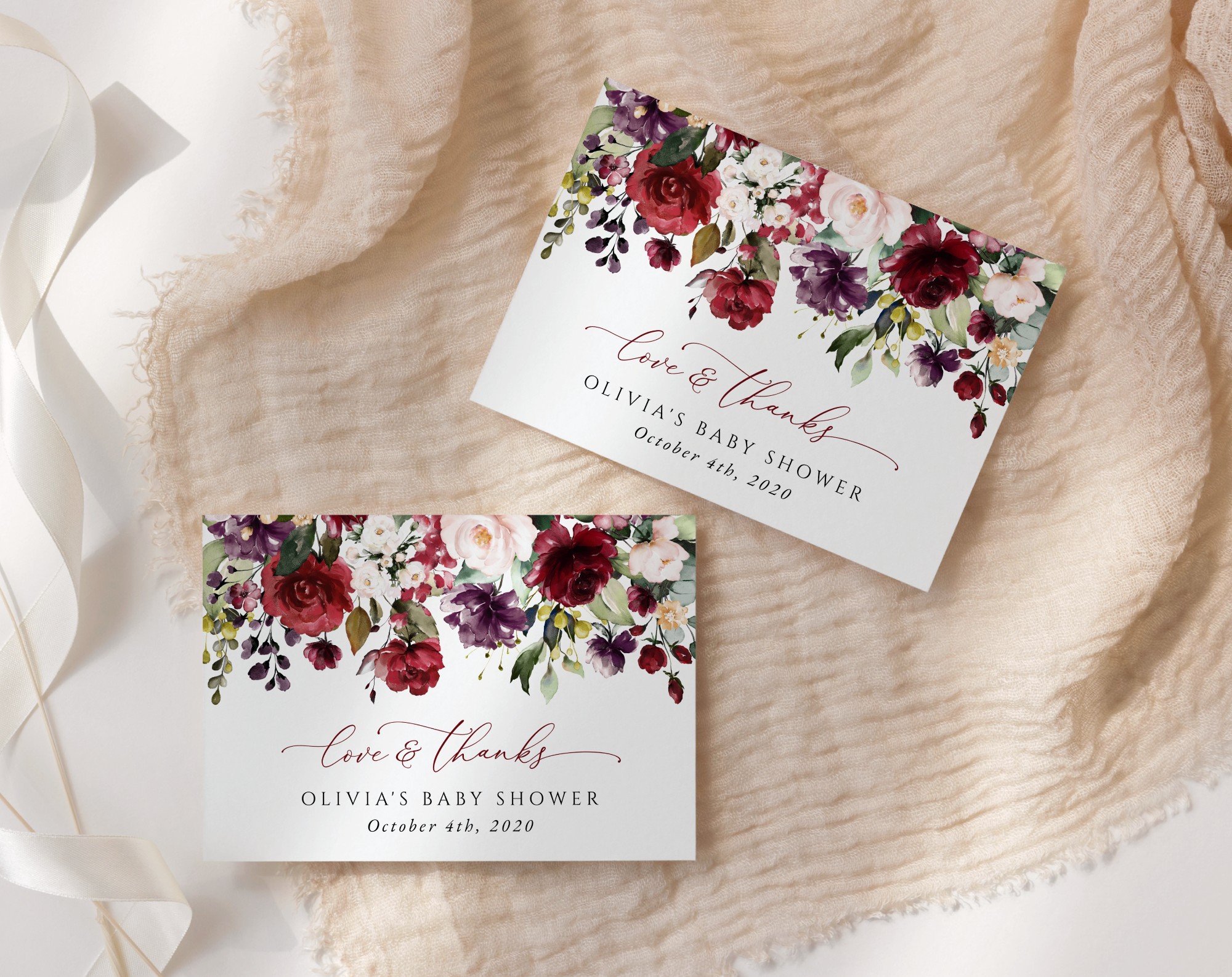 Burgundy, Purple and Blush Flowers Thank You Card, Girl Baby Shower, Printable File, Edit Yourself, SH202