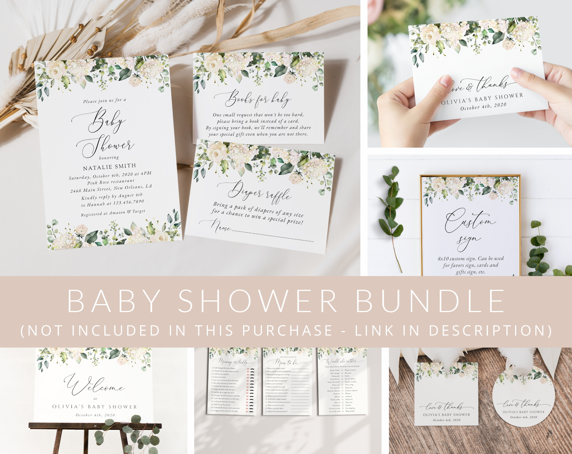 Cream White Flowers Baby Shower Mini Bundle, Girl Baby Shower, Printable File, Edit Yourself, SH203 Cream White Flowers Baby Shower Mini Bundle, Girl Baby Shower, Printable File, Edit Yourself, SH203