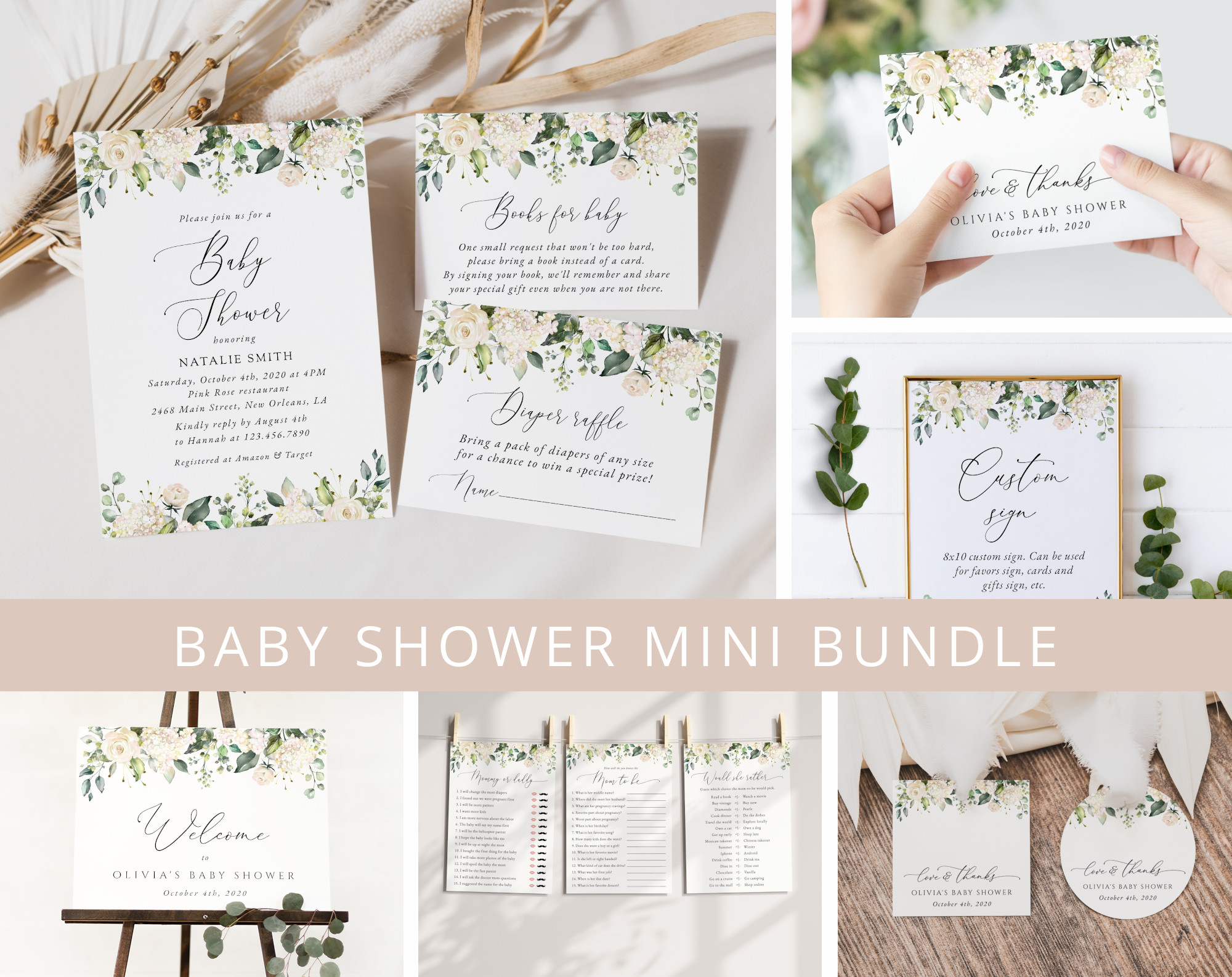 Cream White Flowers Baby Shower Mini Bundle, Girl Baby Shower, Printable File, Edit Yourself, SH203
