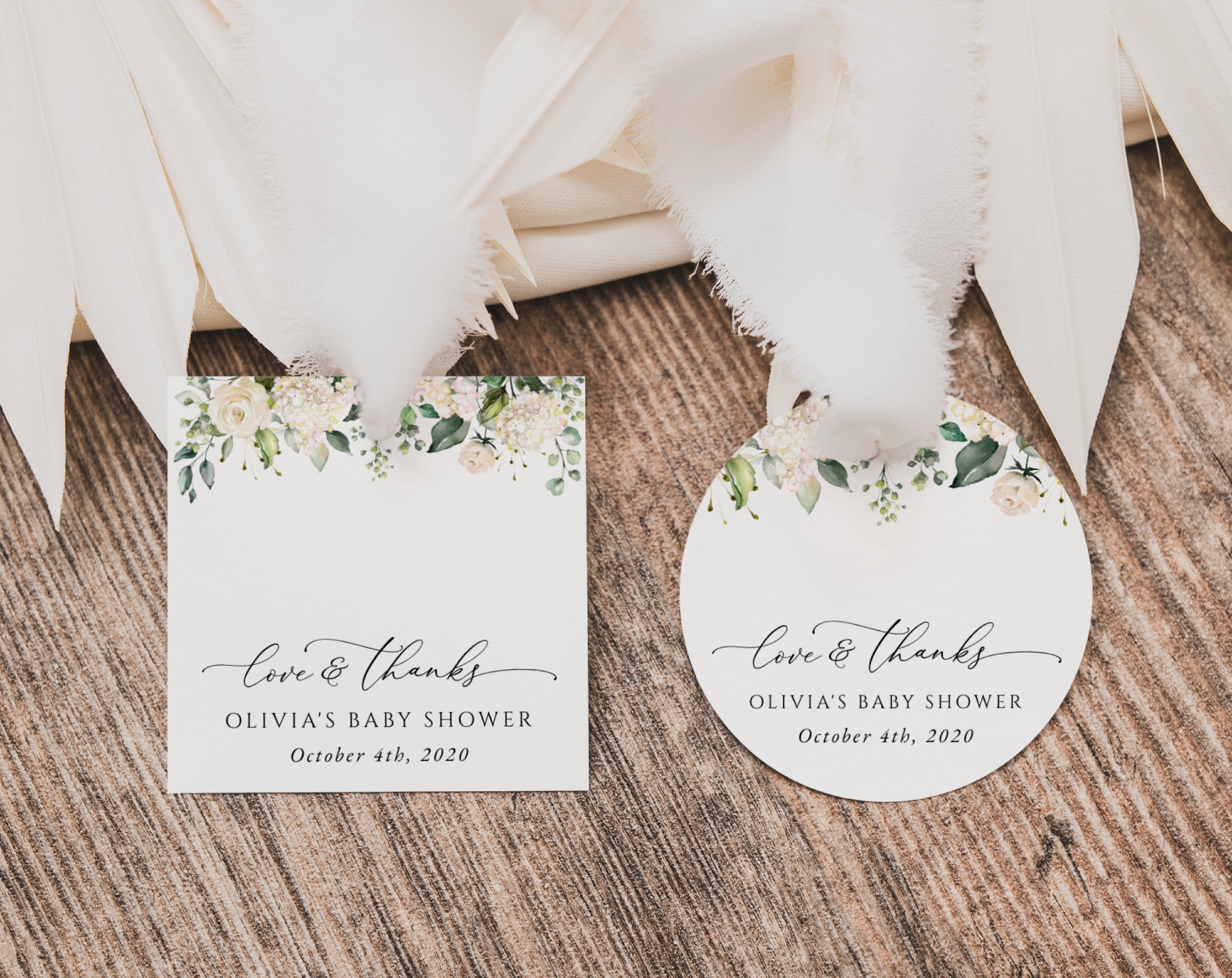 Cream White Flowers Favor Tags, Gift Tags, Girl Baby Shower, Printable File, Edit Yourself, SH203
