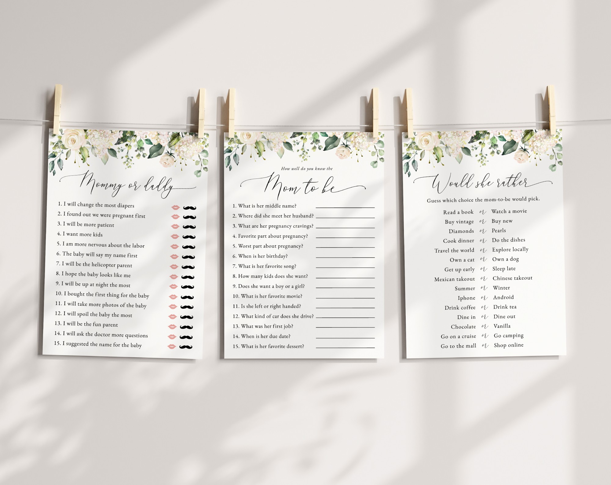 Cream White Flowers Baby Shower Games, Set of 3 Games, Girl Baby Shower, Printable File, Edit Yourself, SH203