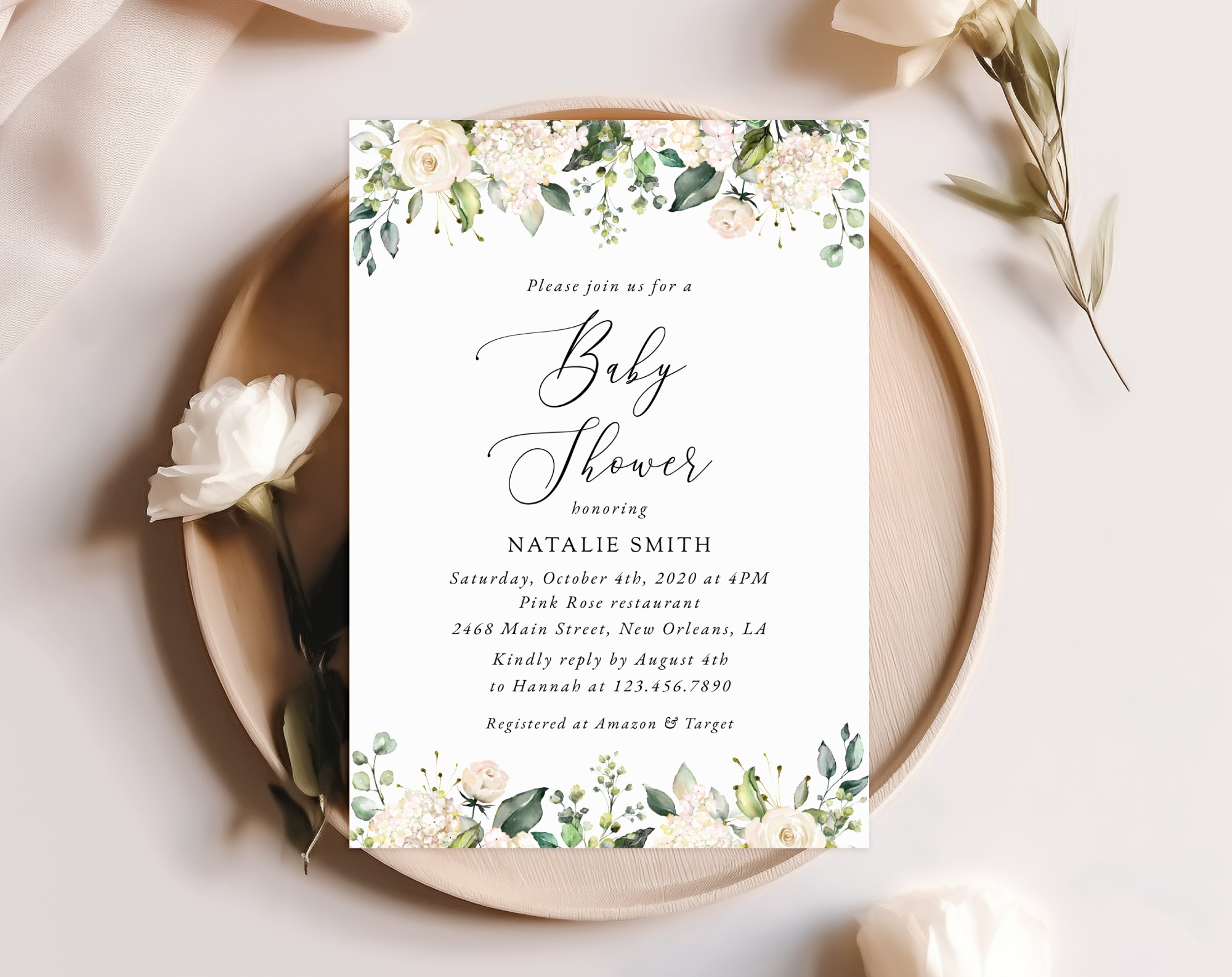 Cream White Flowers Baby Shower Invitation, Girl Baby Shower, Printable File, Edit Yourself, SH203