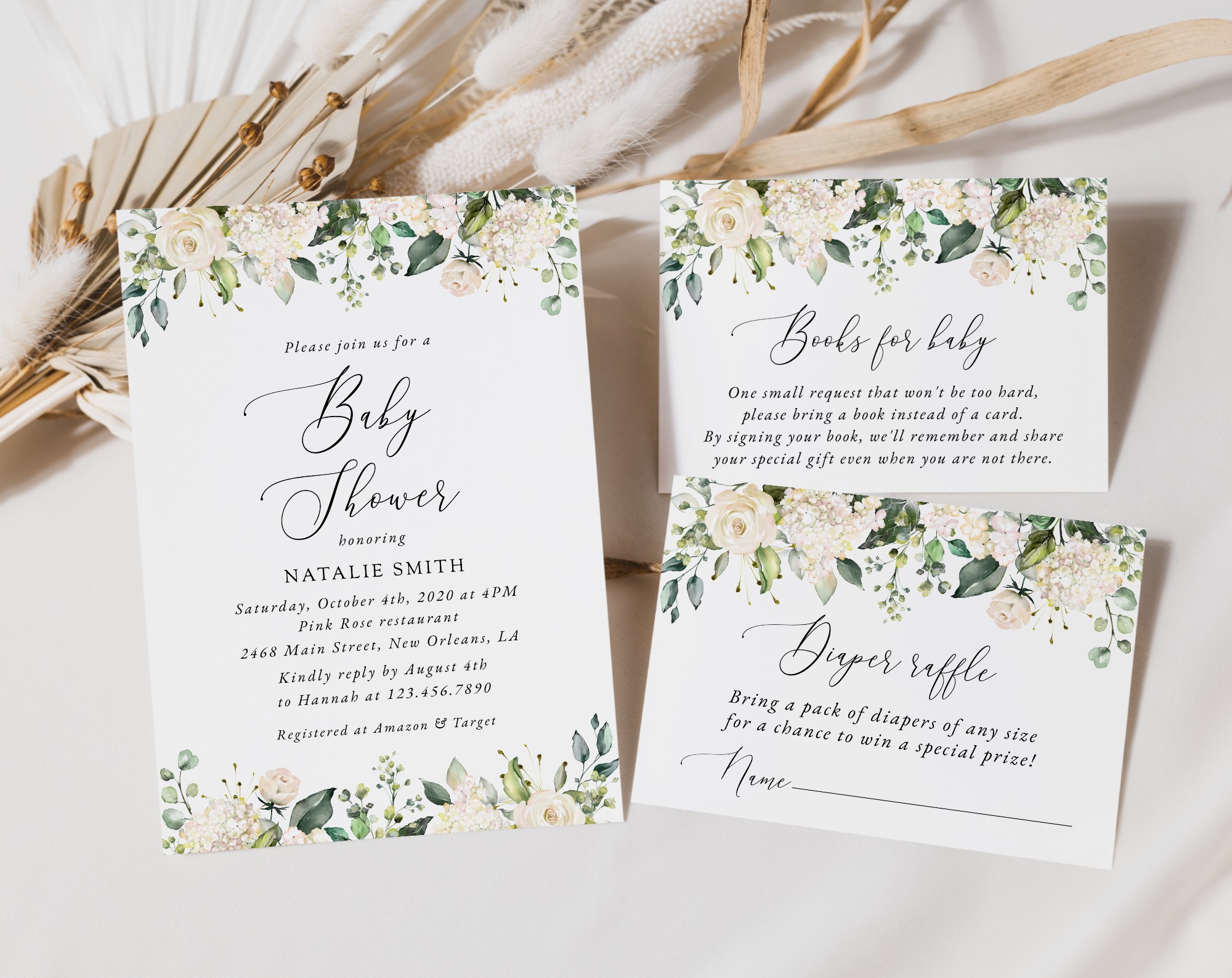 Cream White Flowers Baby Shower Invitation Suite, Girl Baby Shower, Printable File, Edit Yourself, SH203