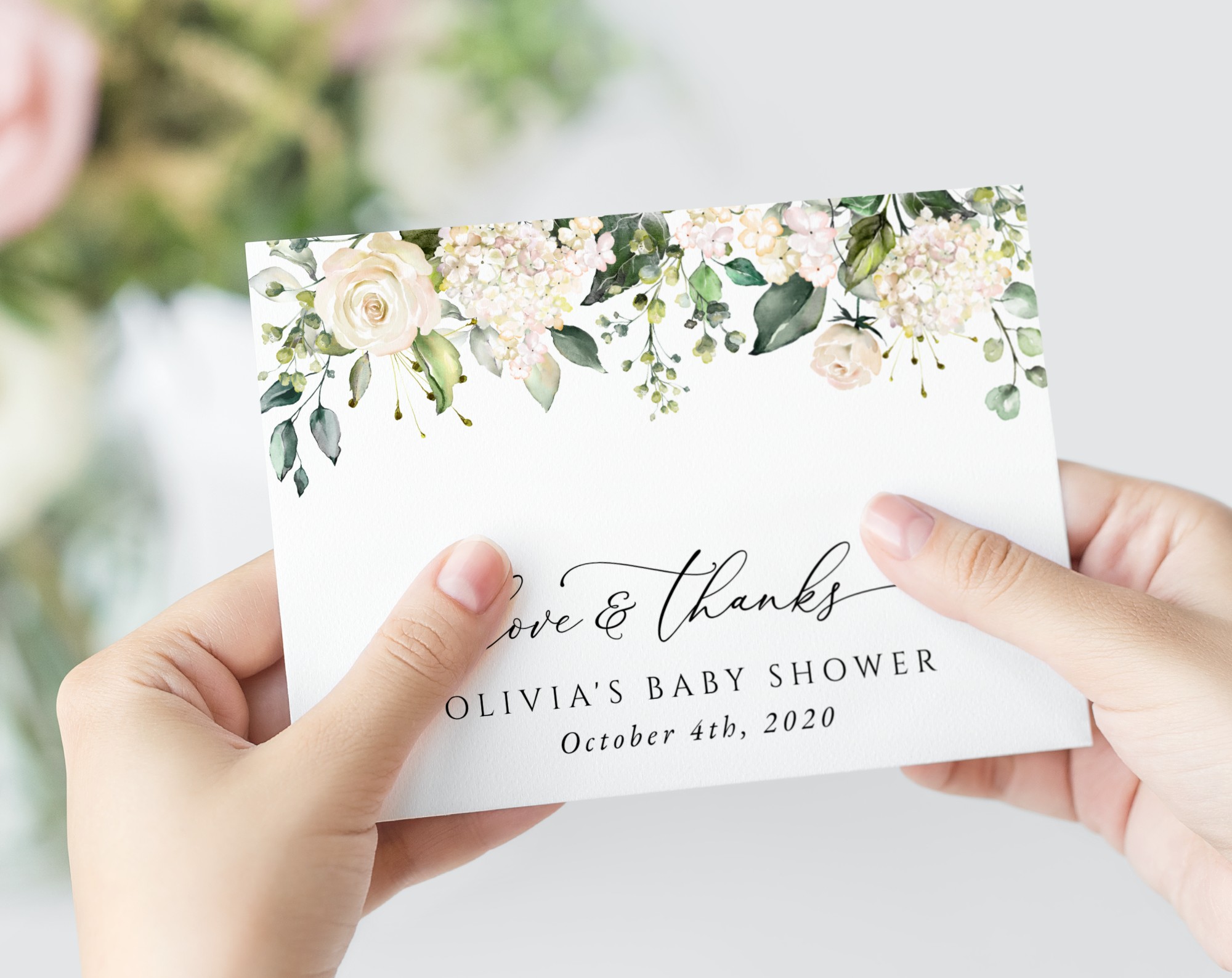 Cream White Flowers Thank You Card, Girl Baby Shower, Printable File, Edit Yourself, SH203 Cream White Flowers Thank You Card, Girl Baby Shower, Printable File, Edit Yourself, SH203