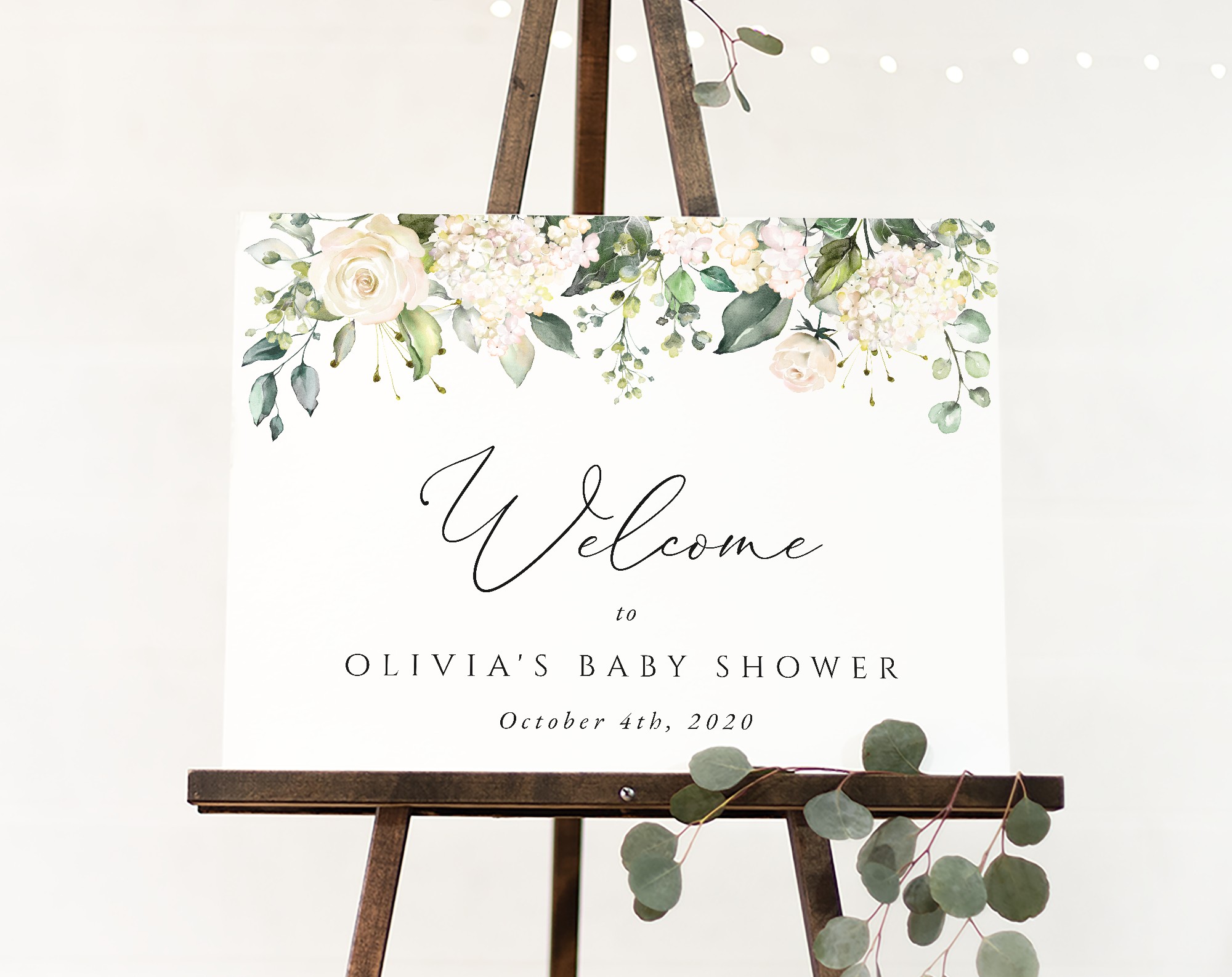 Cream White Flowers Welcome Sign, Baby Shower Sign, Girl Baby Shower, Printable File, Edit Yourself, SH203
