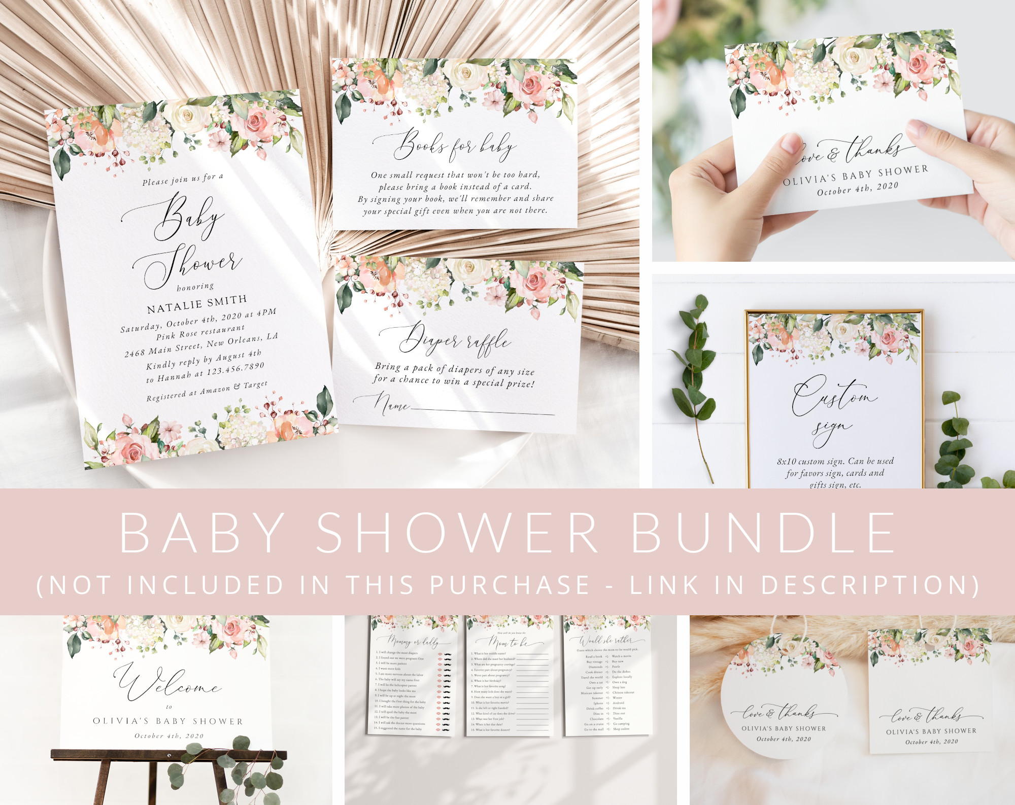 Pink, Orange and White Flowers Baby Shower Mini Bundle, Girl Baby Shower, Printable File, Edit Yourself, SH204