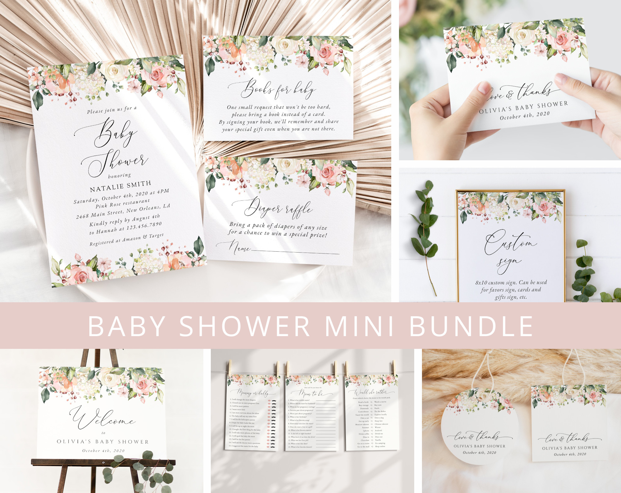 Pink, Orange and White Flowers Baby Shower Mini Bundle, Girl Baby Shower, Printable File, Edit Yourself, SH204