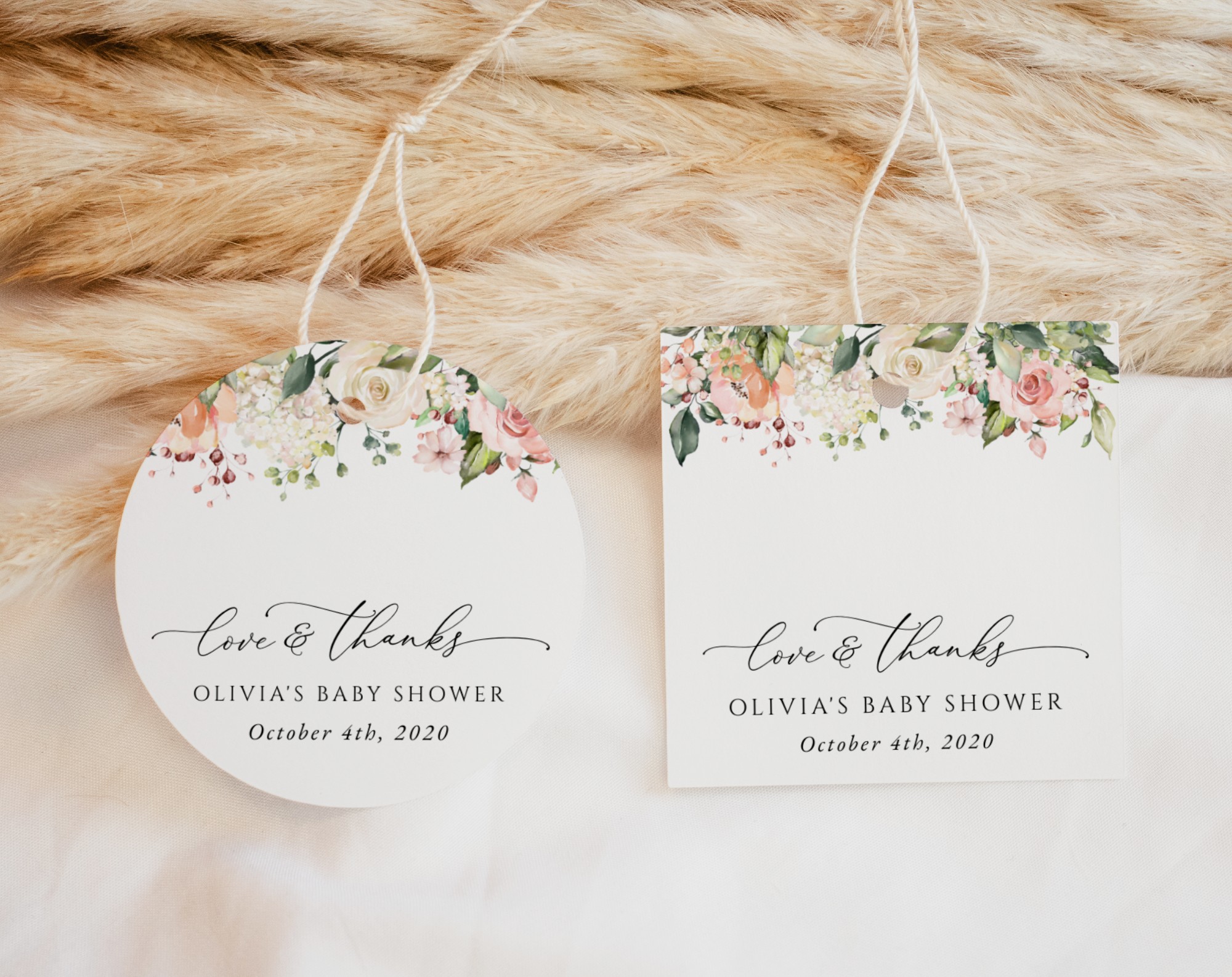 Pink, Orange and White Flowers Favor Tags, Gift Tags, Girl Baby Shower, Printable File, Edit Yourself, SH204