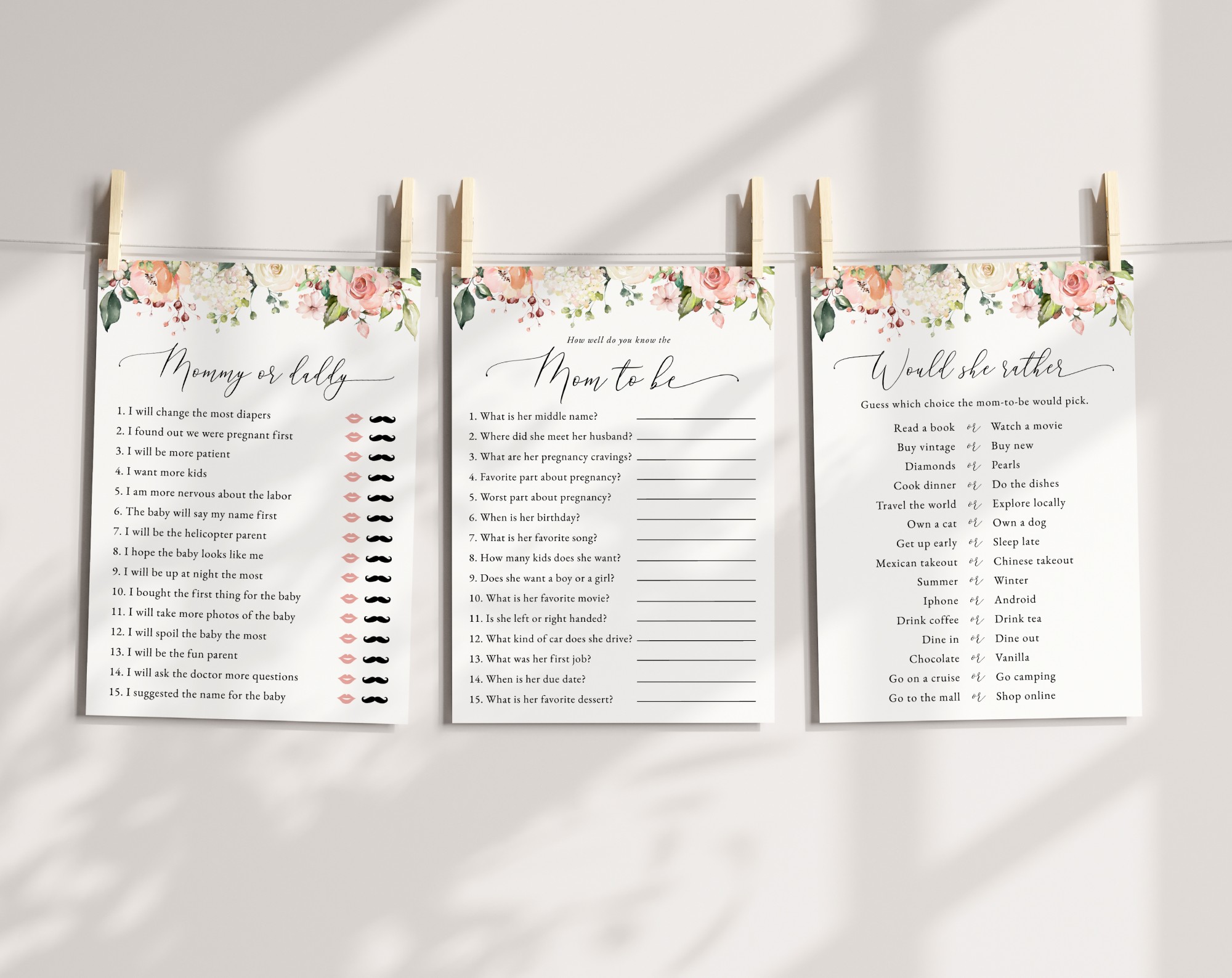 Pink, Orange and White Flowers Baby Shower Games, Set of 3 Games, Girl Baby Shower, Printable File, Edit Yourself, SH204