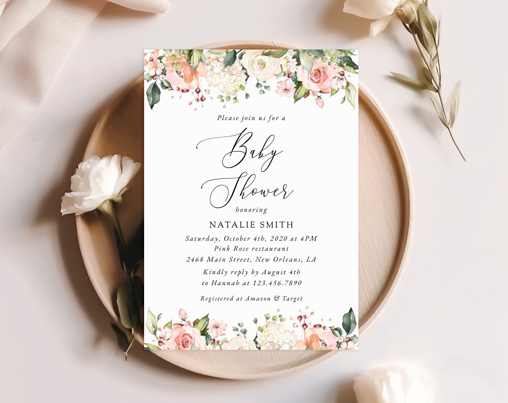 Pink, Orange and White Flowers Baby Shower Invitation, Girl Baby Shower, Printable File, Edit Yourself, SH204