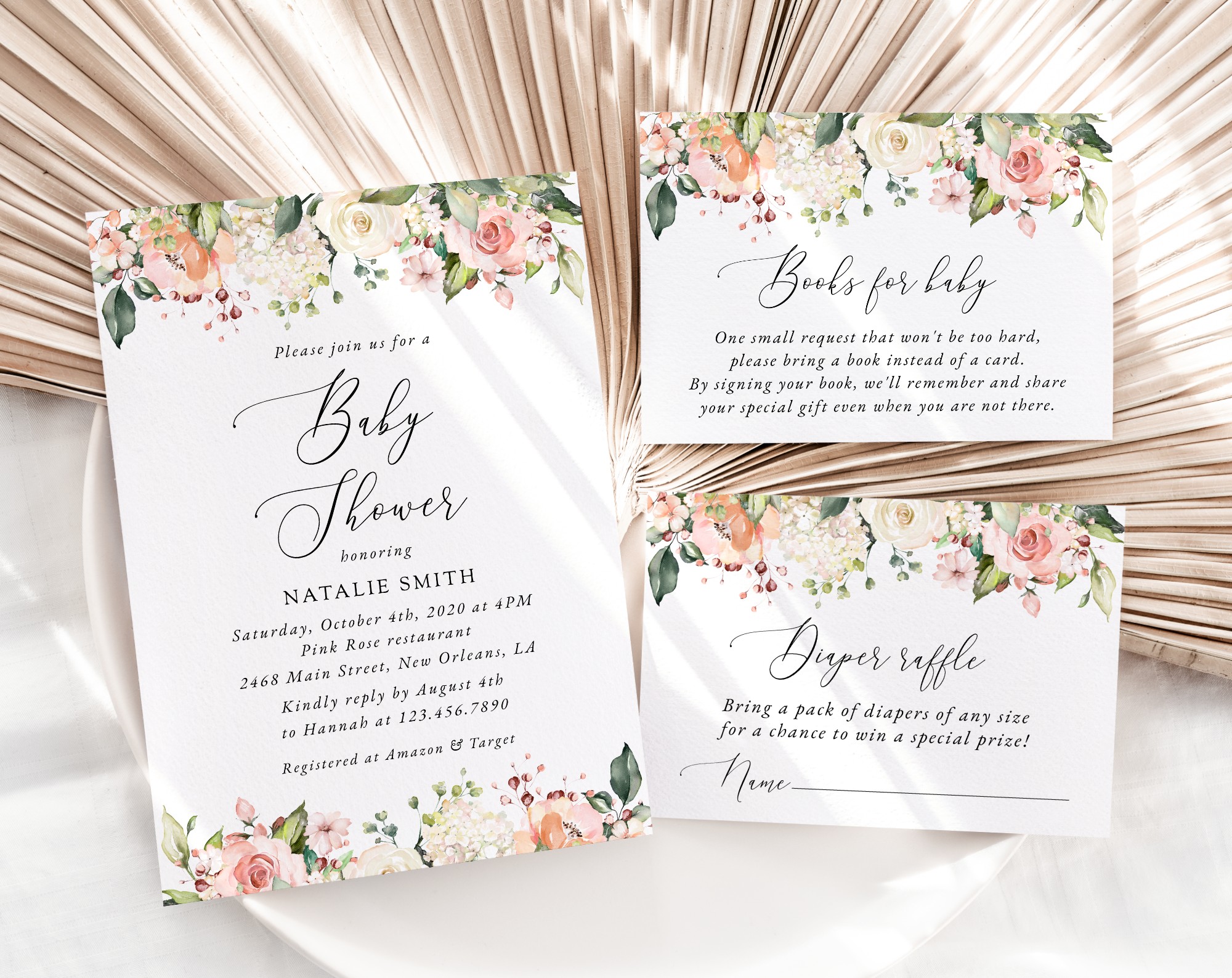 Pink, Orange and White Flowers Baby Shower Invitation Suite, Girl Baby Shower, Printable File, Edit Yourself, SH204