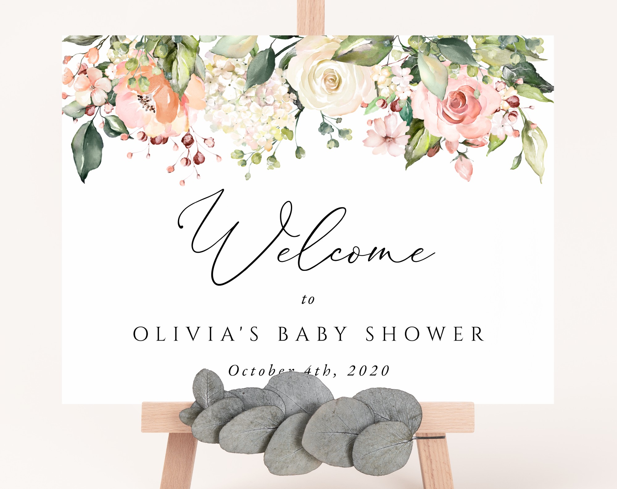 Pink, Orange and White Flowers Welcome Sign, Baby Shower Sign, Girl Baby Shower, Printable File, Edit Yourself, SH204
