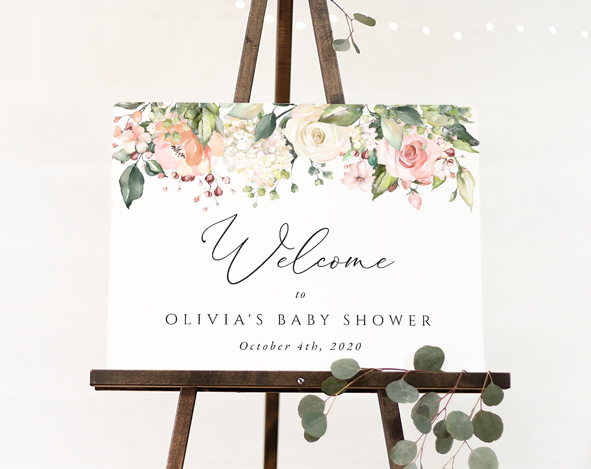 Pink, Orange and White Flowers Welcome Sign, Baby Shower Sign, Girl Baby Shower, Printable File, Edit Yourself, SH204