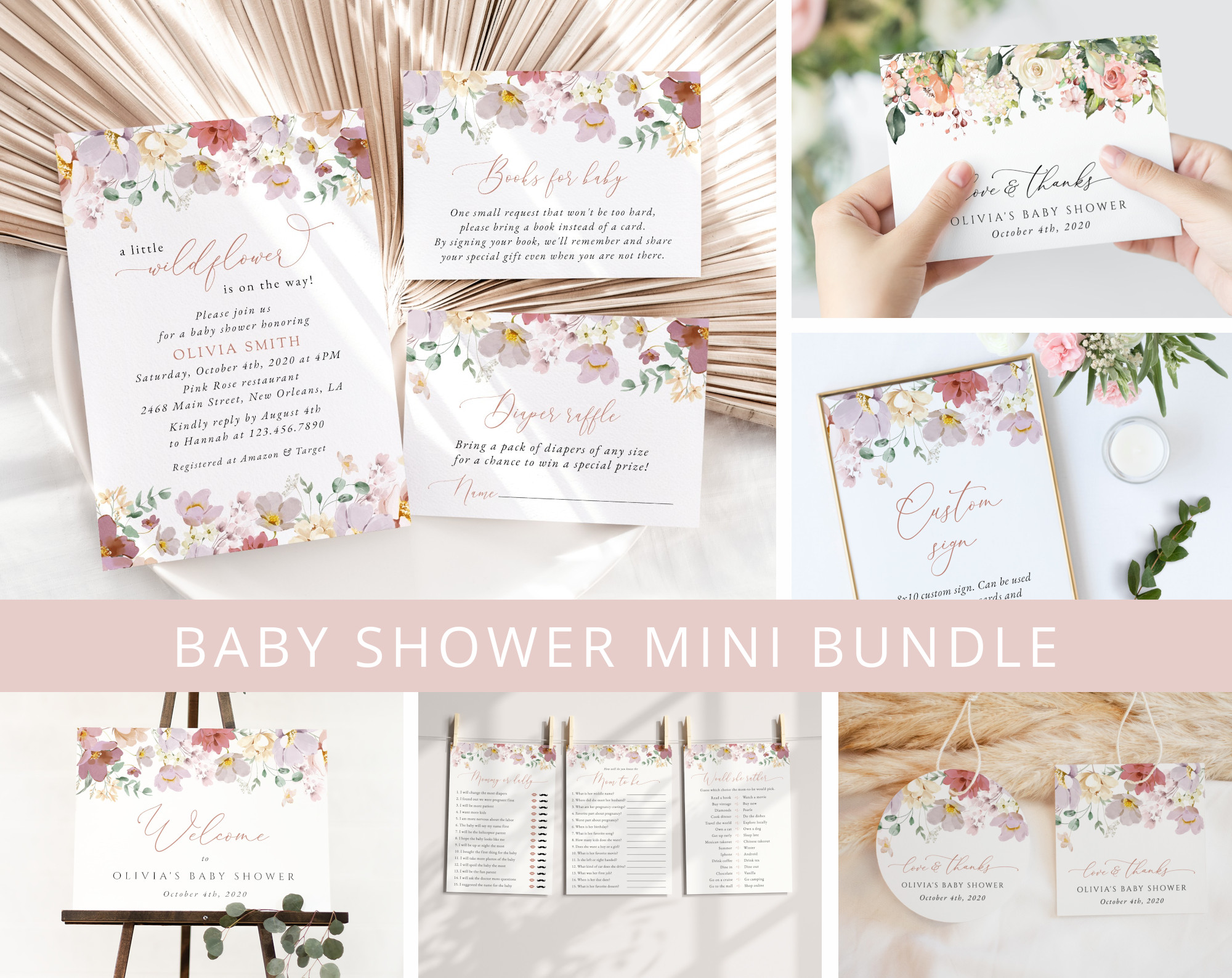 Colorful Flowers Baby Shower Mini Bundle, Girl Baby Shower, Printable File, Edit Yourself, SH205
