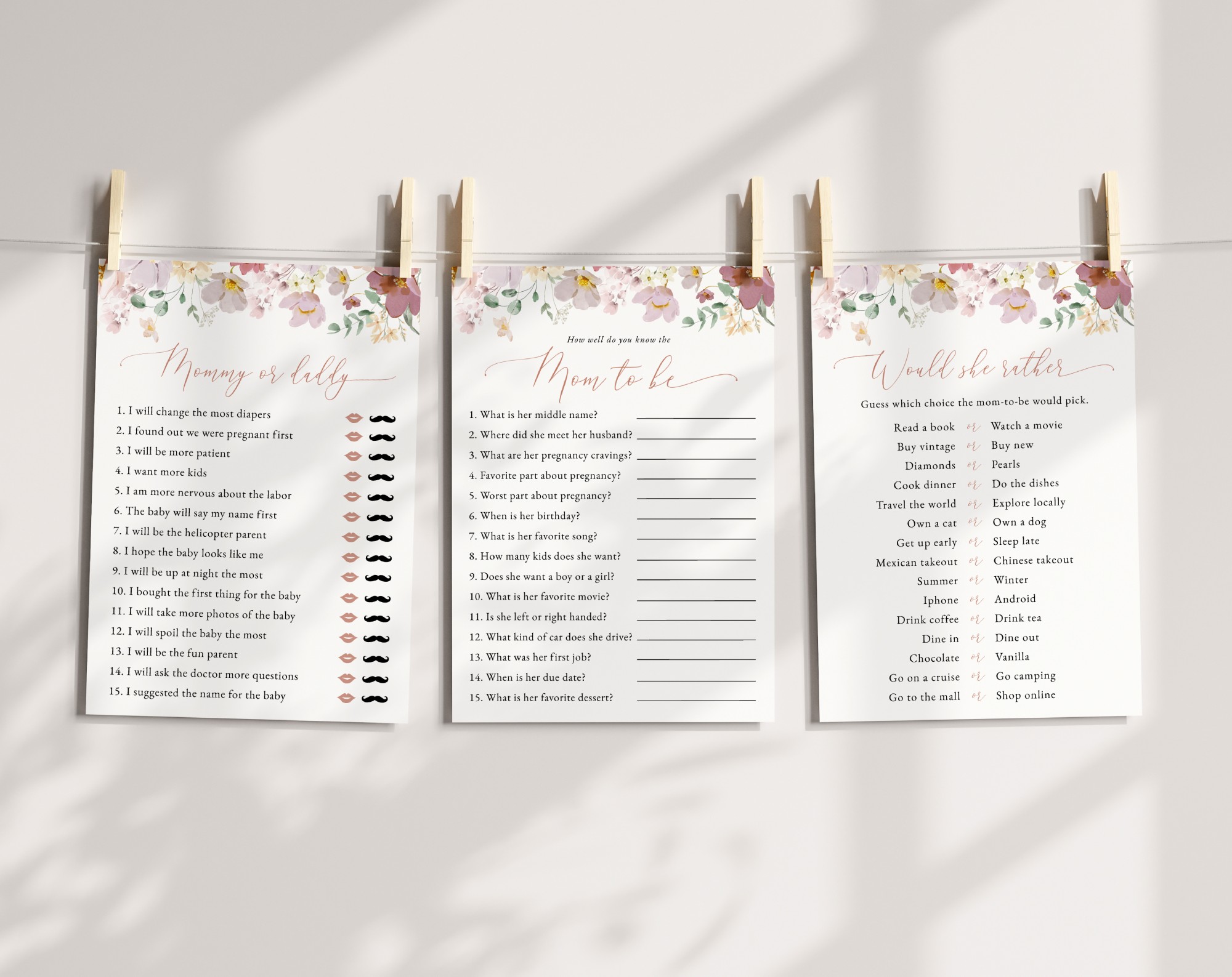 Colorful Flowers Baby Shower Games, Set of 3 Games, Girl Baby Shower, Printable File, Edit Yourself, SH205