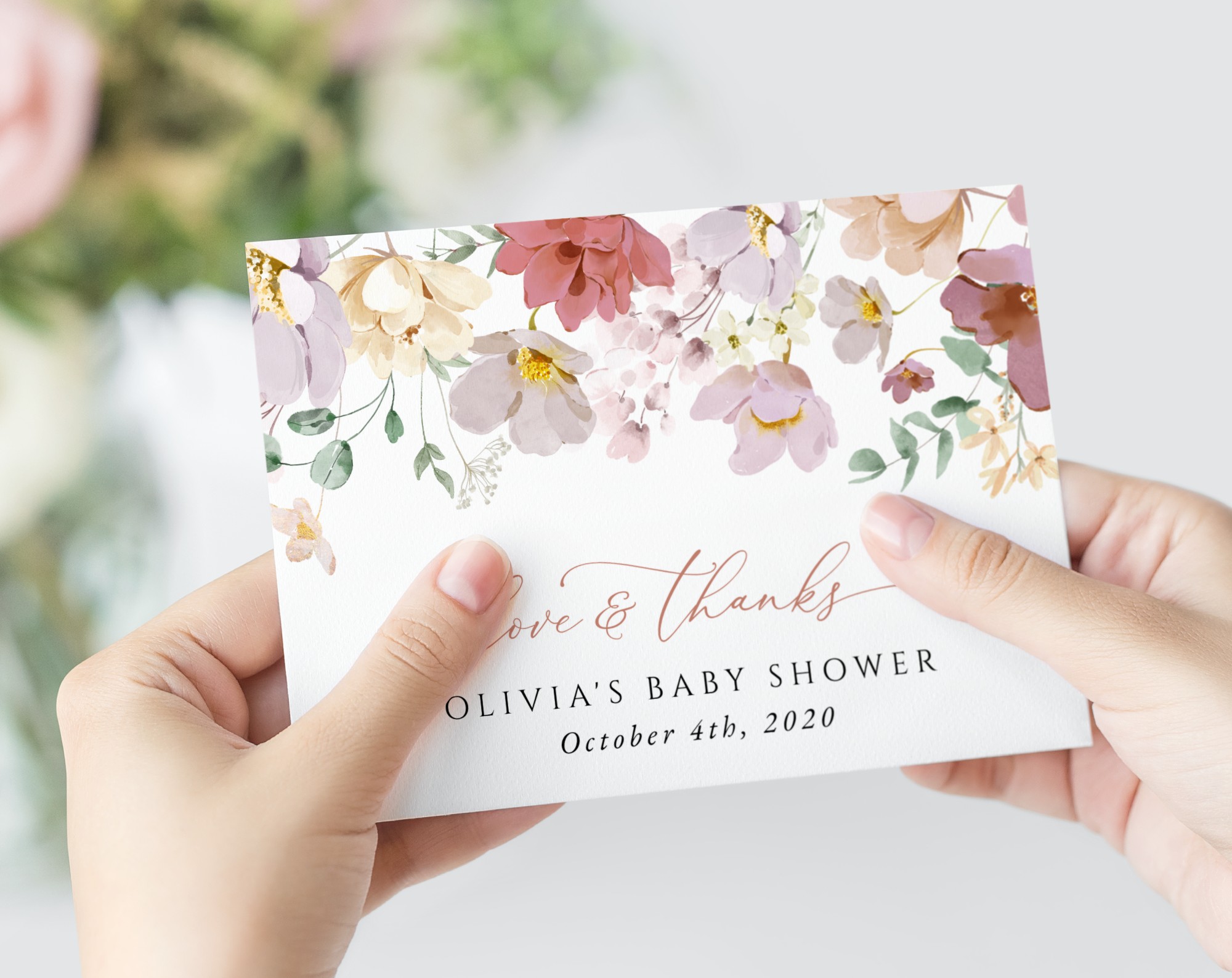 Colorful Flowers Thank You Card, Girl Baby Shower, Printable File, Edit Yourself, SH205