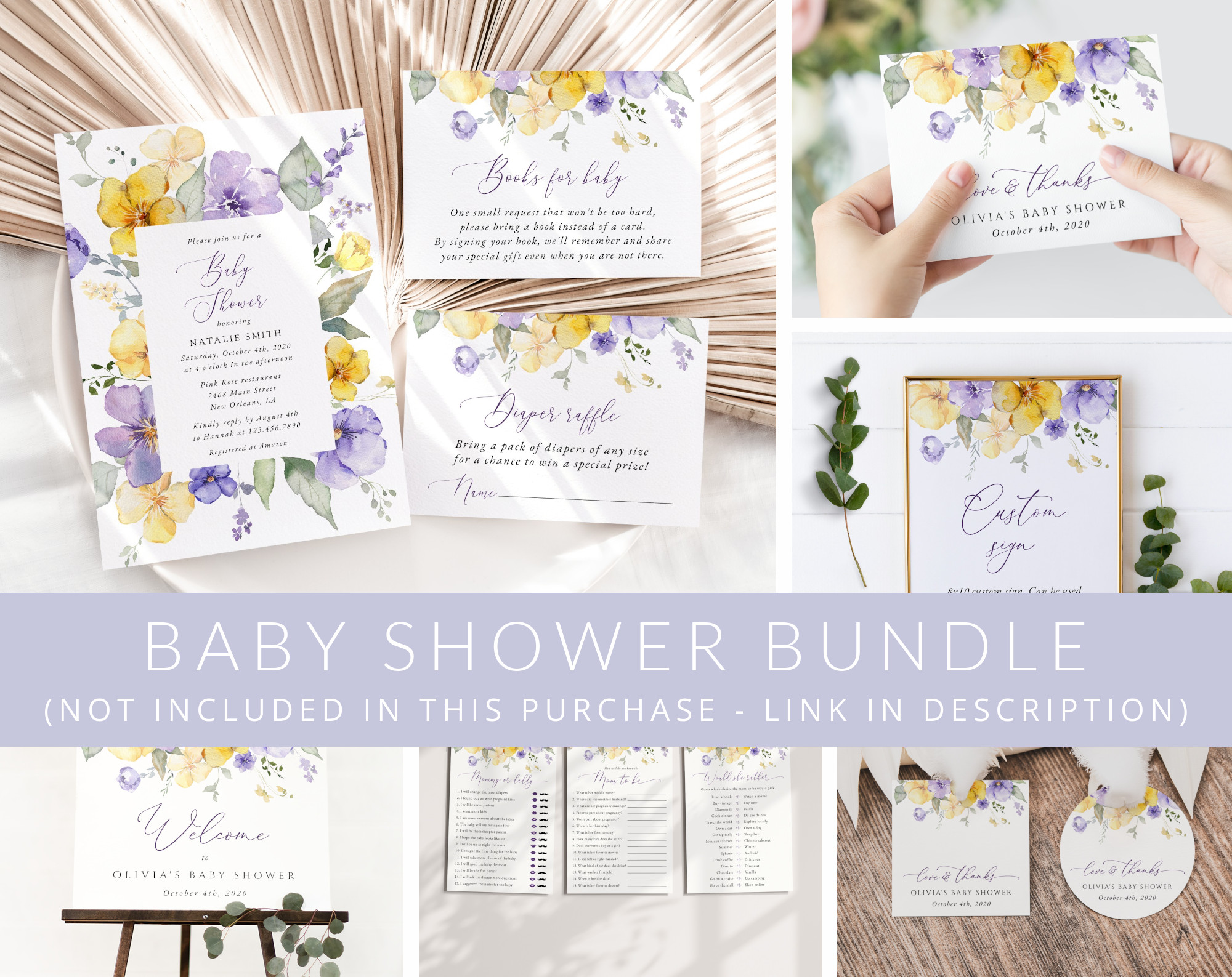 Purple and Yellow Flowers Baby Shower Mini Bundle, Girl Baby Shower, Printable File, Edit Yourself, SH206