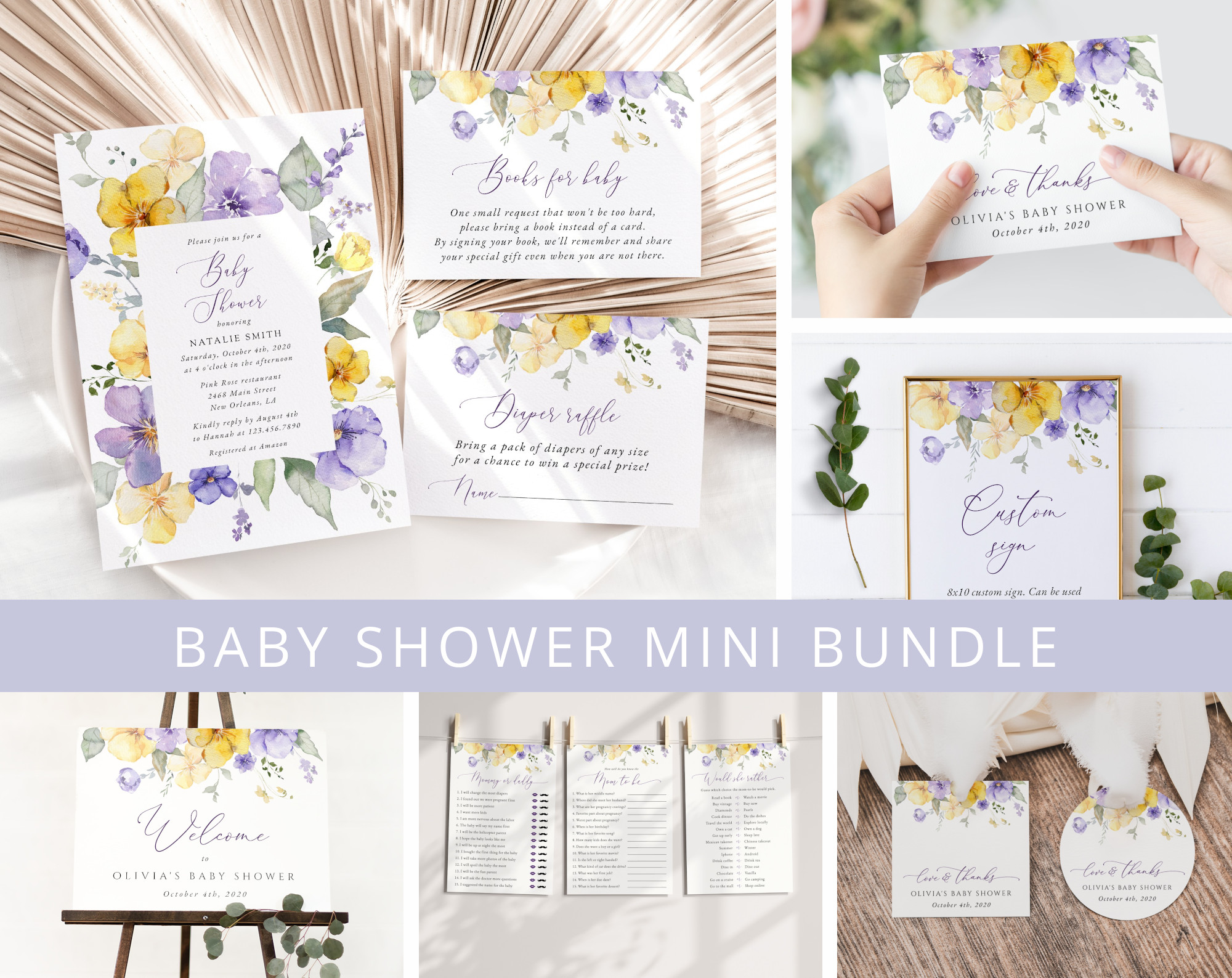 Purple and Yellow Flowers Baby Shower Mini Bundle, Girl Baby Shower, Printable File, Edit Yourself, SH206