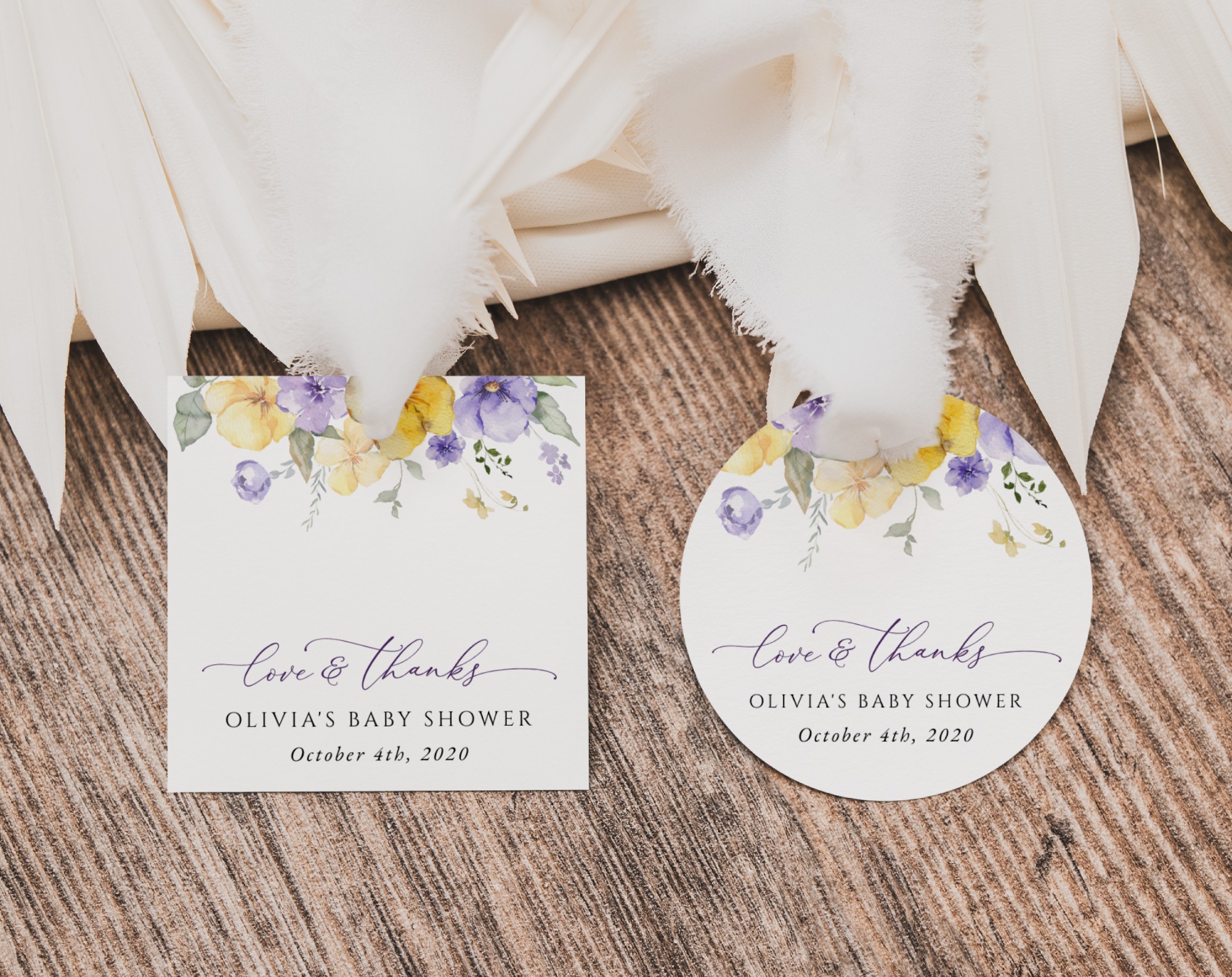 Purple and Yellow Flowers Favor Tags, Gift Tags, Girl Baby Shower, Printable File, Edit Yourself, SH206