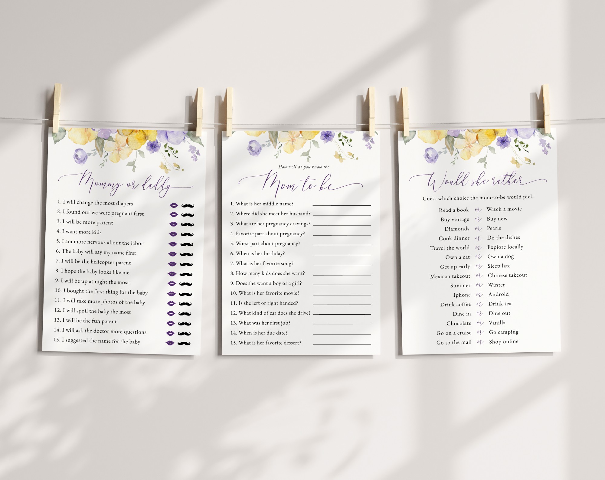 Purple and Yellow Flowers Baby Shower Games, Set of 3 Games, Girl Baby Shower, Printable File, Edit Yourself, SH206