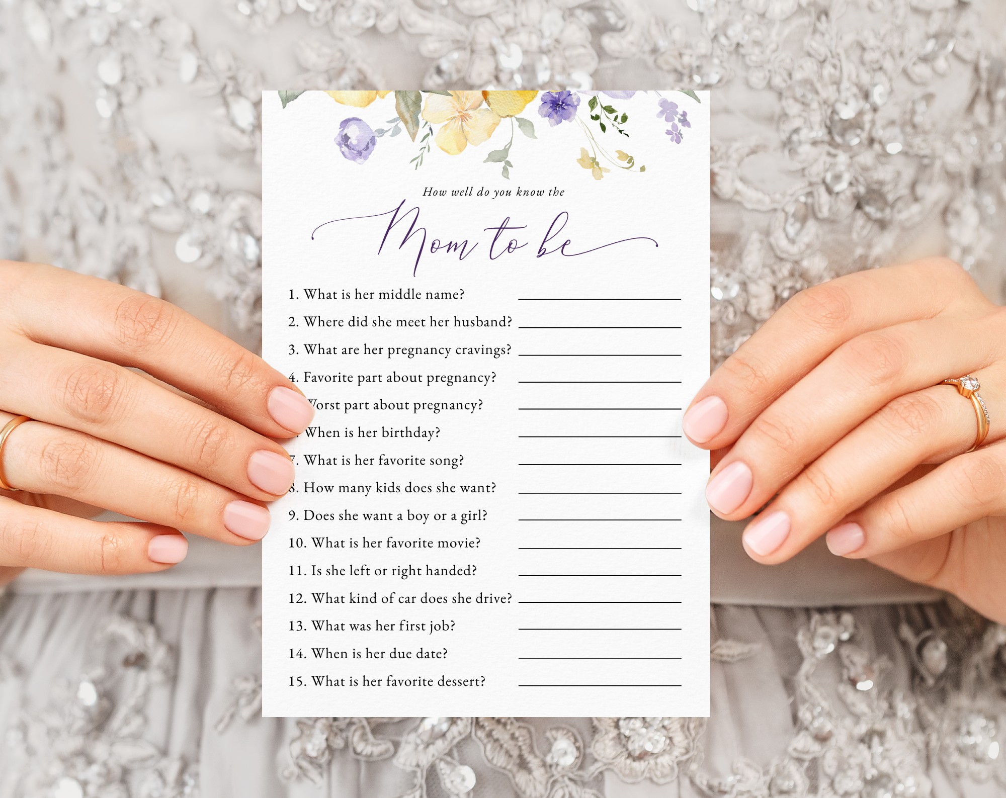 Purple and Yellow Flowers Baby Shower Games, Set of 3 Games, Girl Baby Shower, Printable File, Edit Yourself, SH206