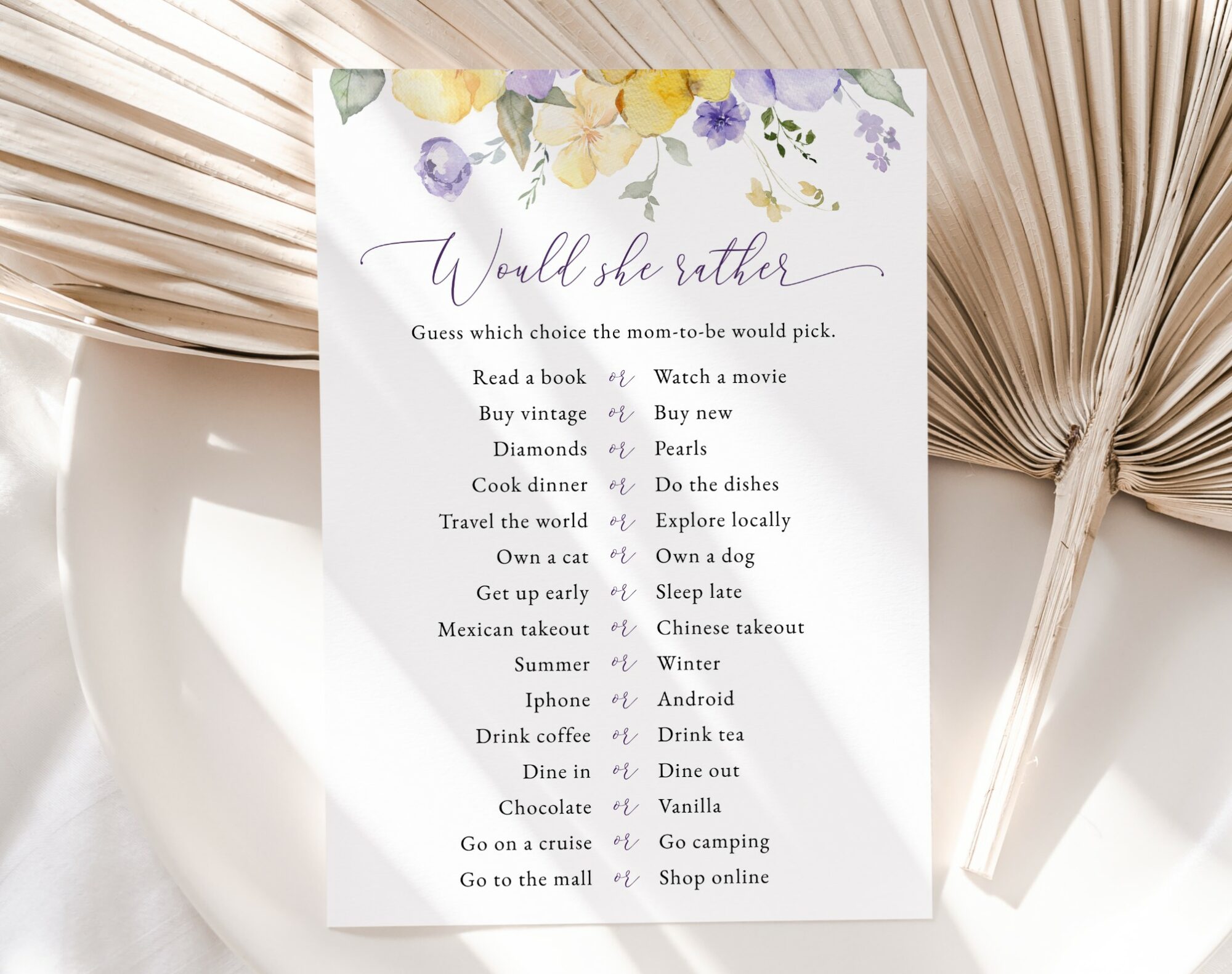 Purple and Yellow Flowers Baby Shower Games, Set of 3 Games, Girl Baby Shower, Printable File, Edit Yourself, SH206